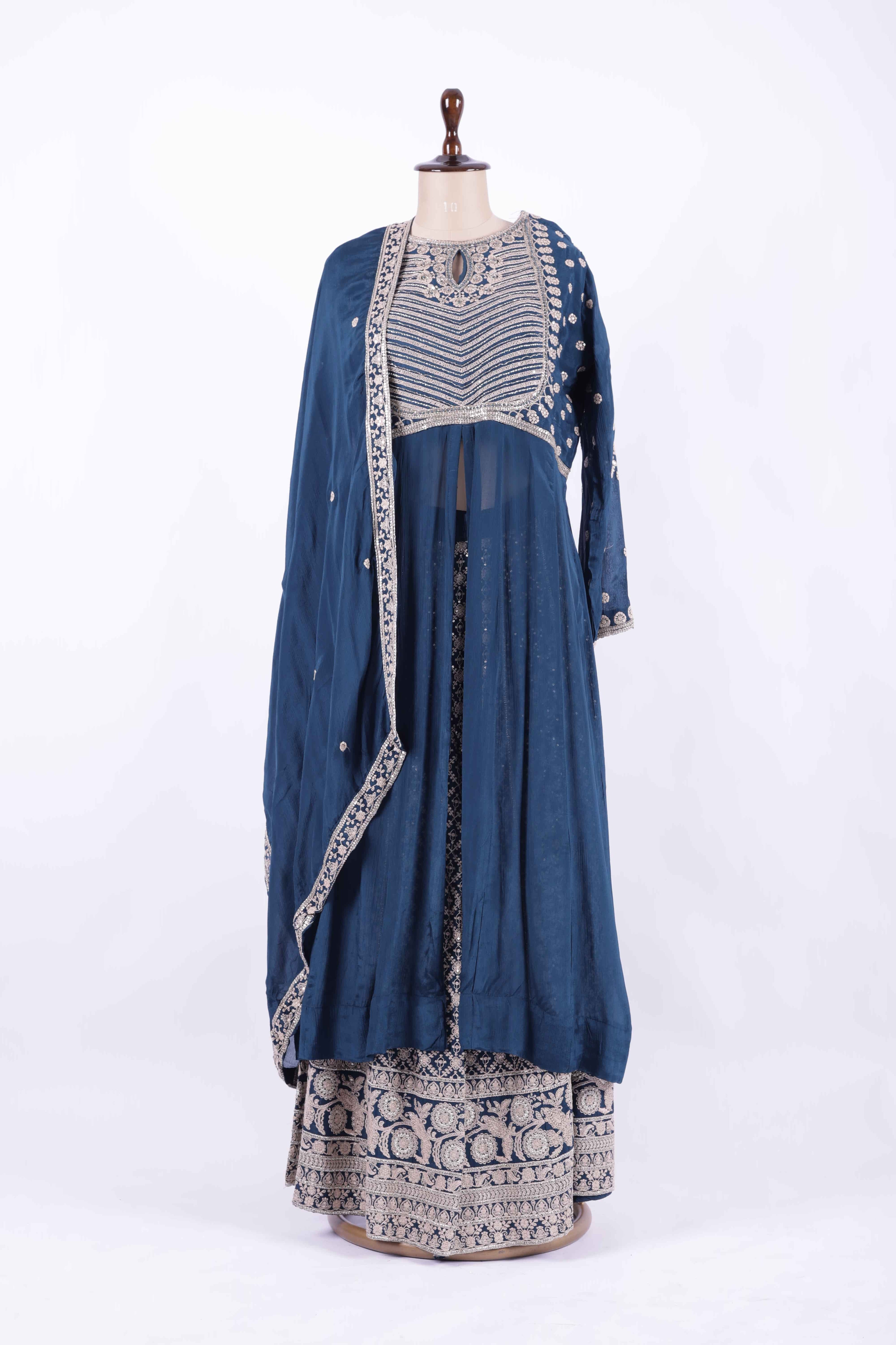 Navy Blue Embroidered Georgette Anarkali Lehenga Set