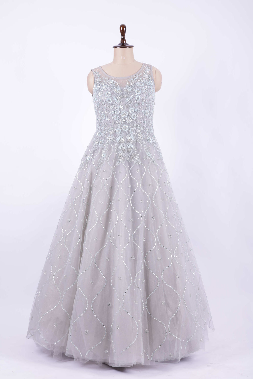Silver Grey Embroidered Net Gown
