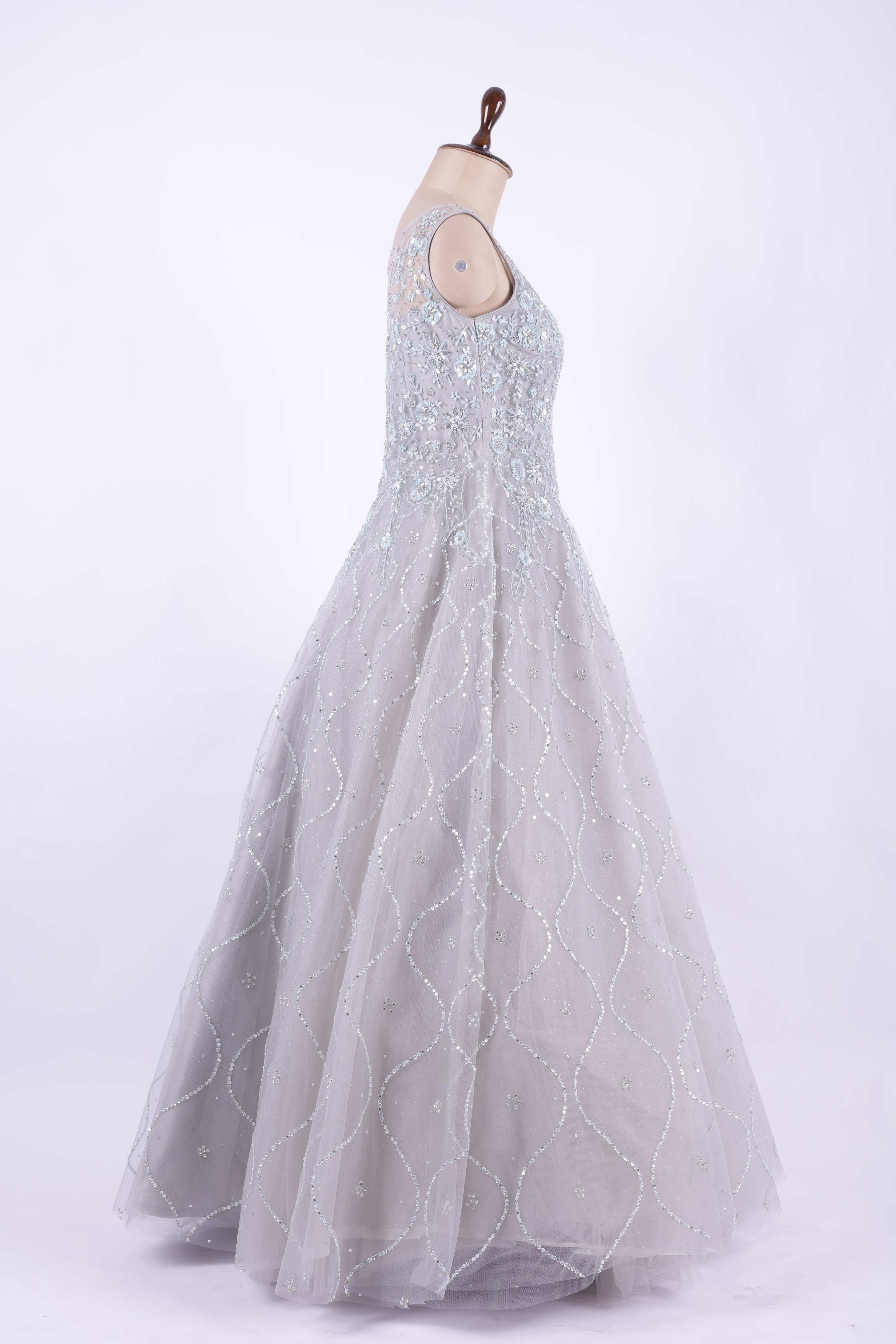 Silver Grey Embroidered Net Gown