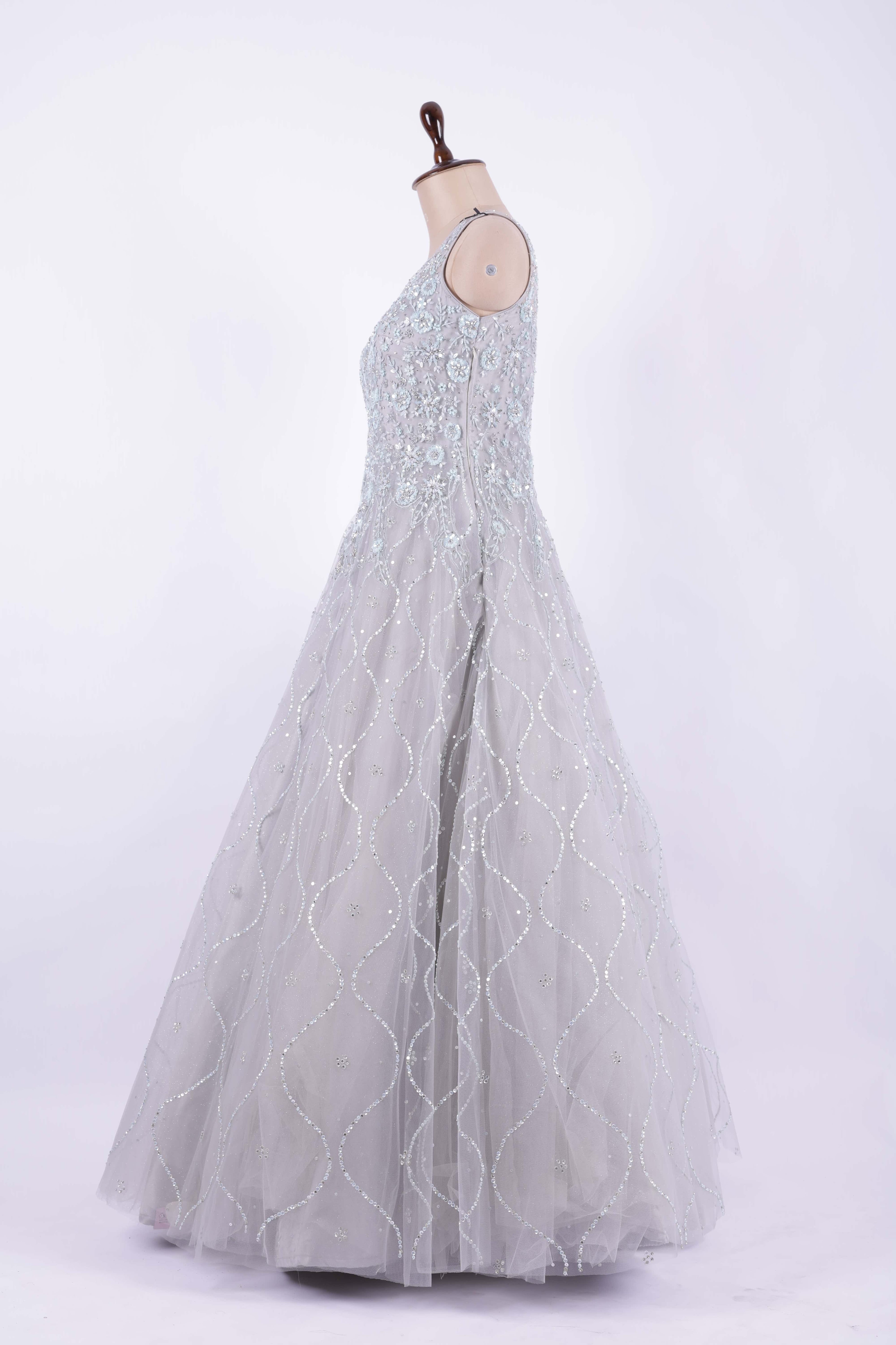 Silver Grey Embroidered Net Gown