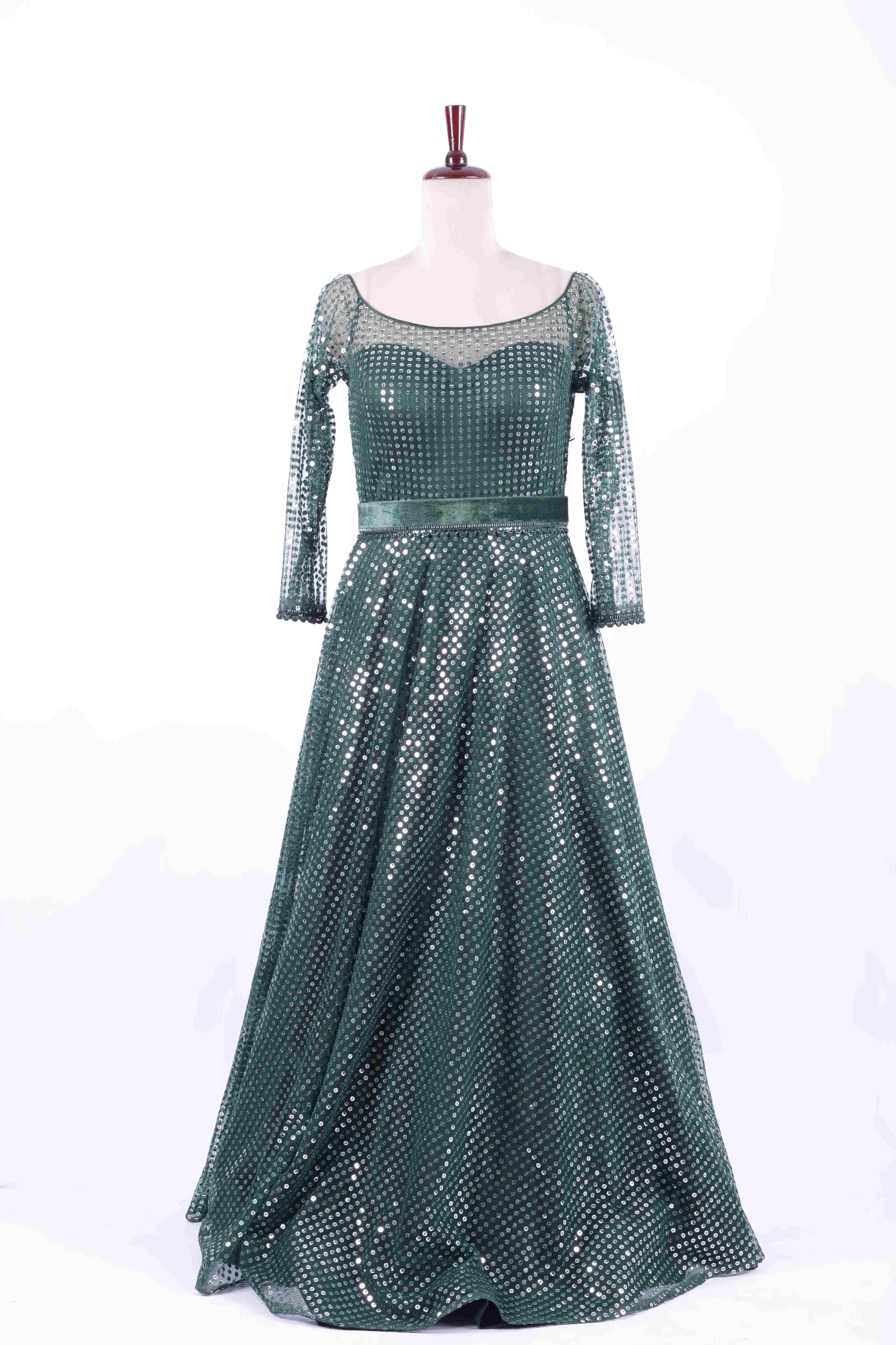 Emerald Green Sequin Net Evening Gown
