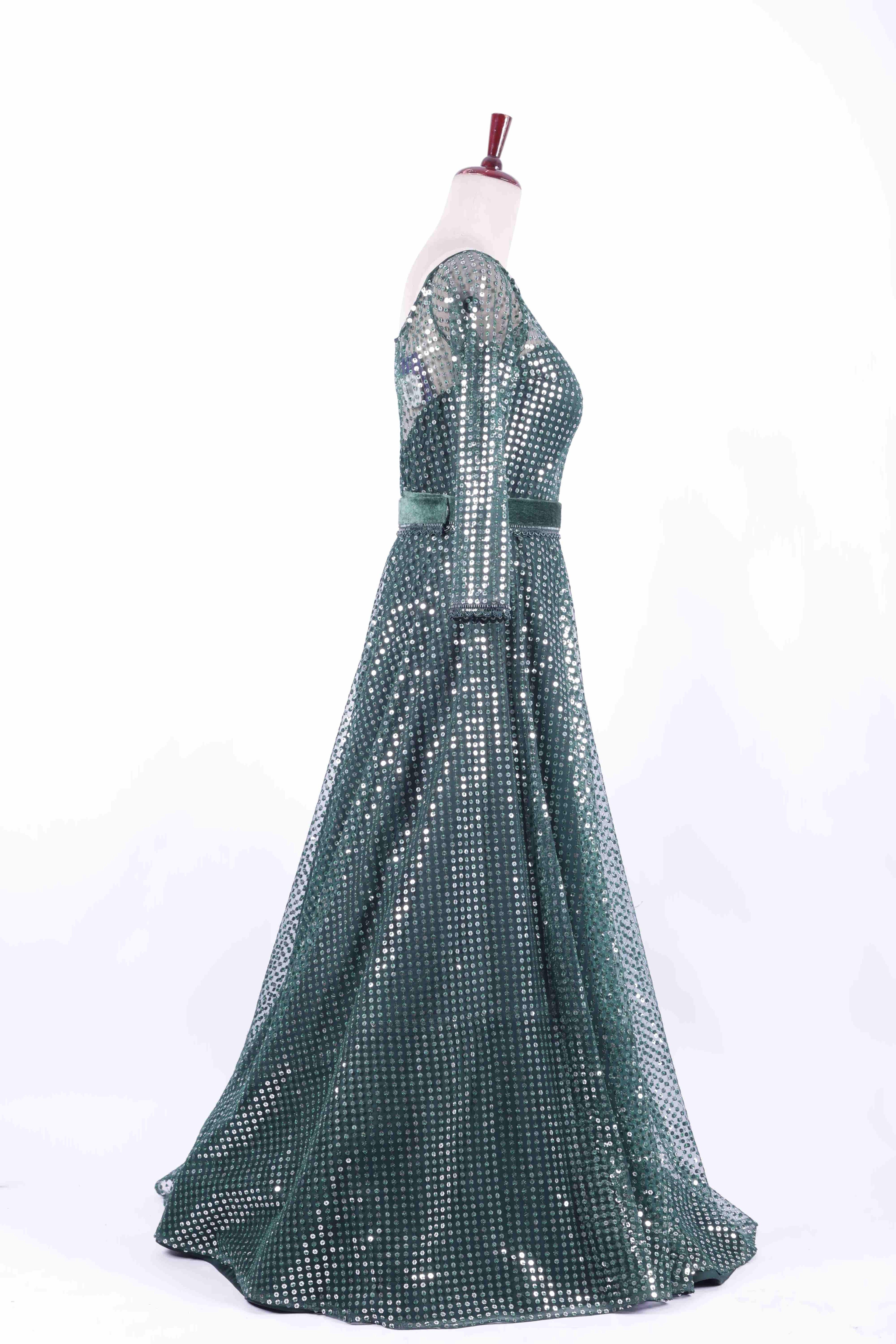 Emerald Green Sequin Net Evening Gown