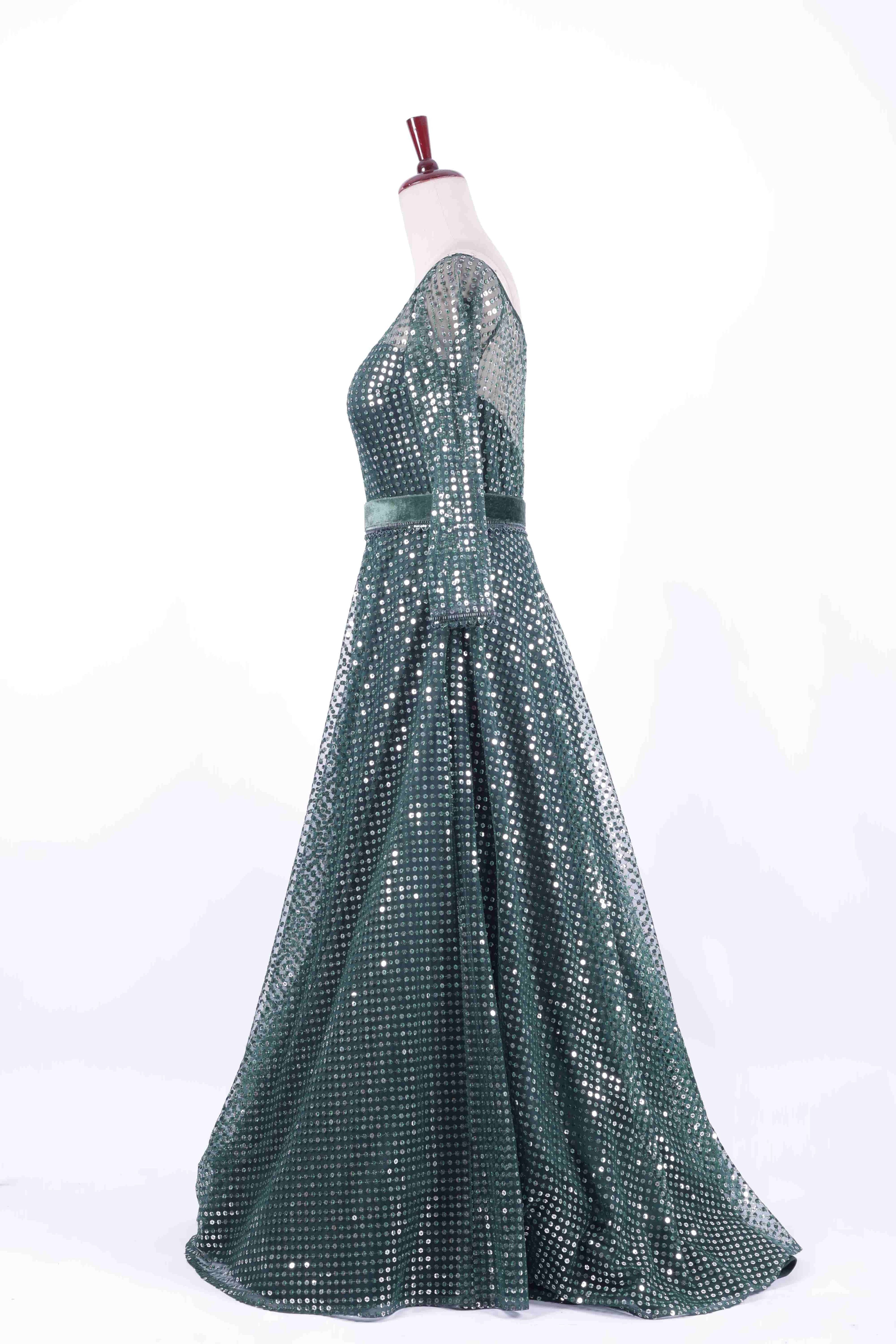 Emerald Green Sequin Net Evening Gown