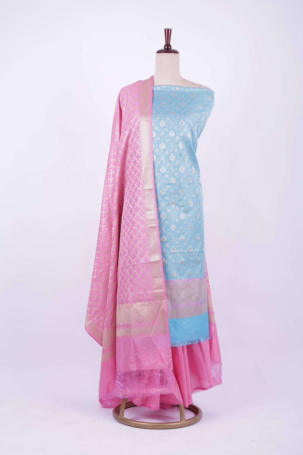 Pastel blue and pink Banarasi silk suit set