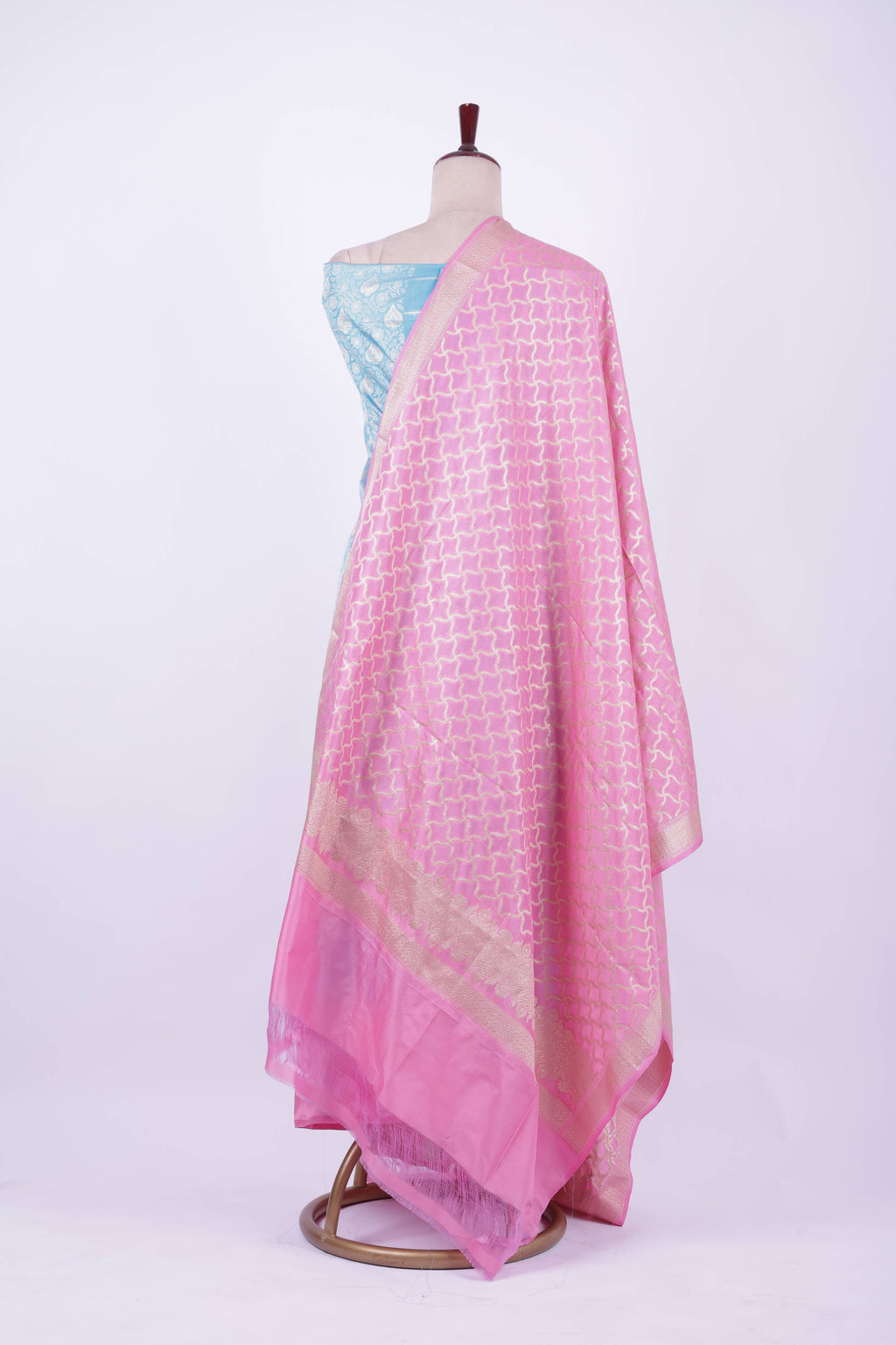 Pastel blue and pink Banarasi silk suit set