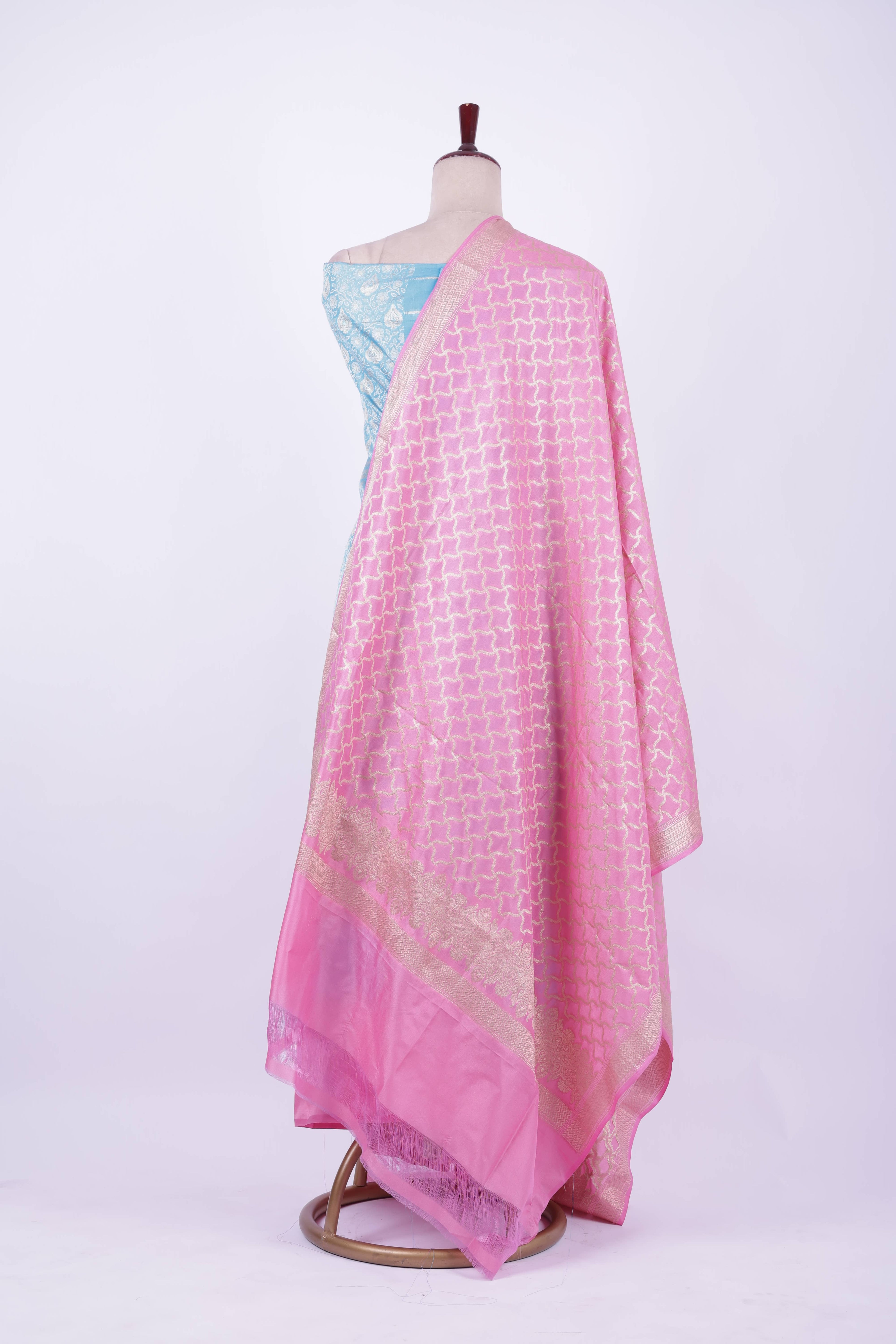 Pastel blue and pink Banarasi silk suit set