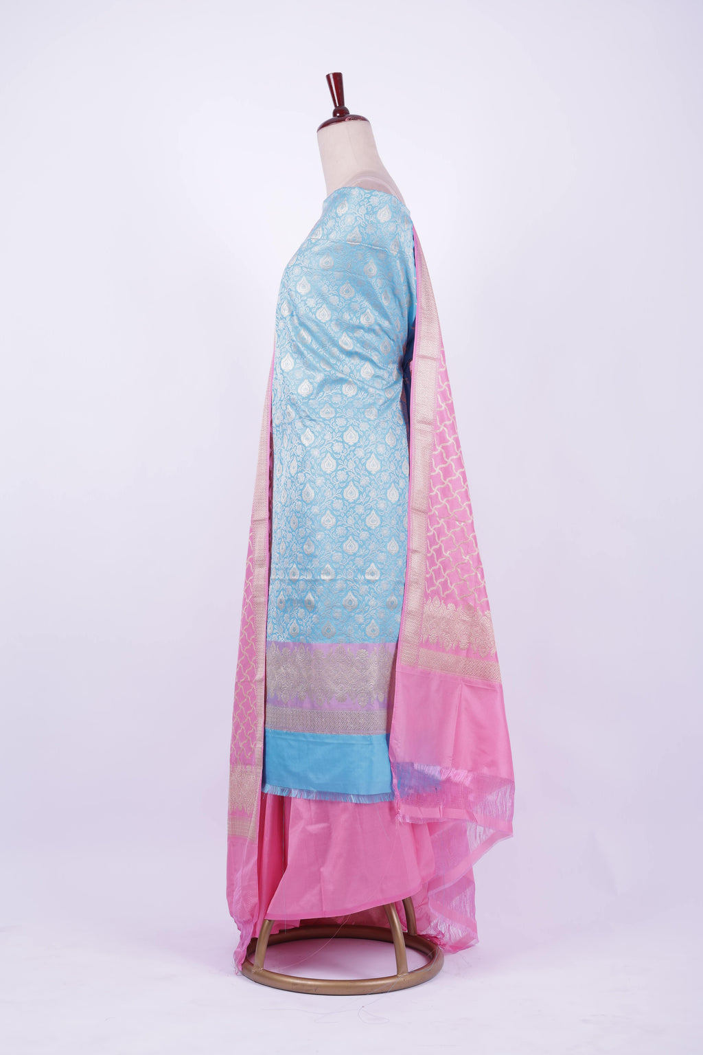 Pastel blue and pink Banarasi silk suit set