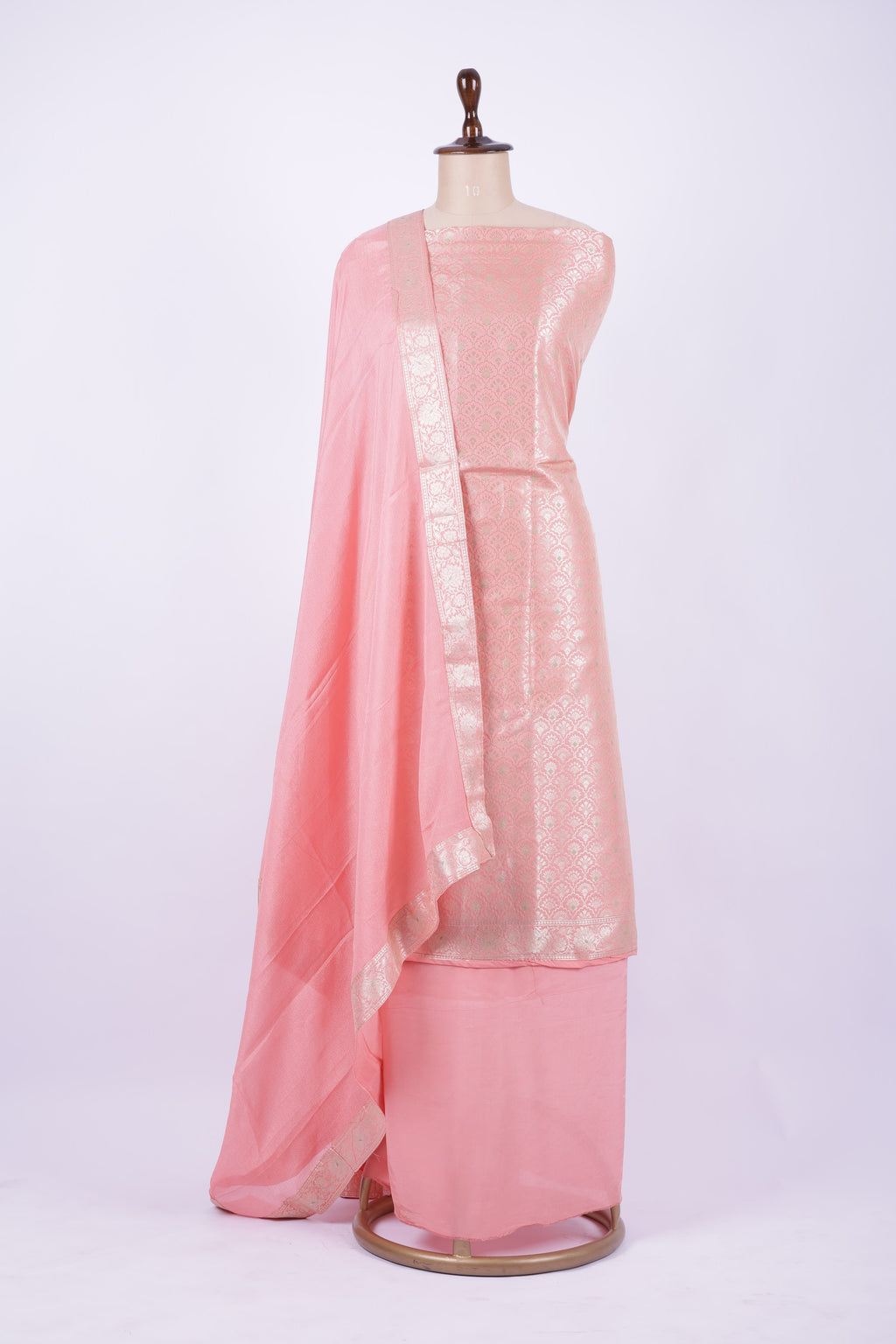 Peach pink Banarasi silk suit set