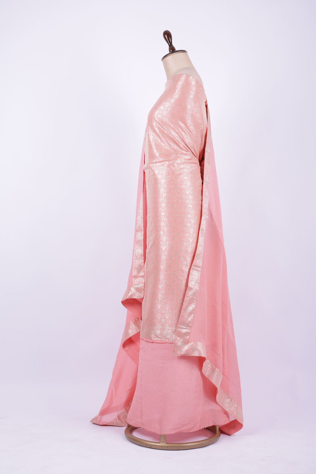 Peach pink Banarasi silk suit set