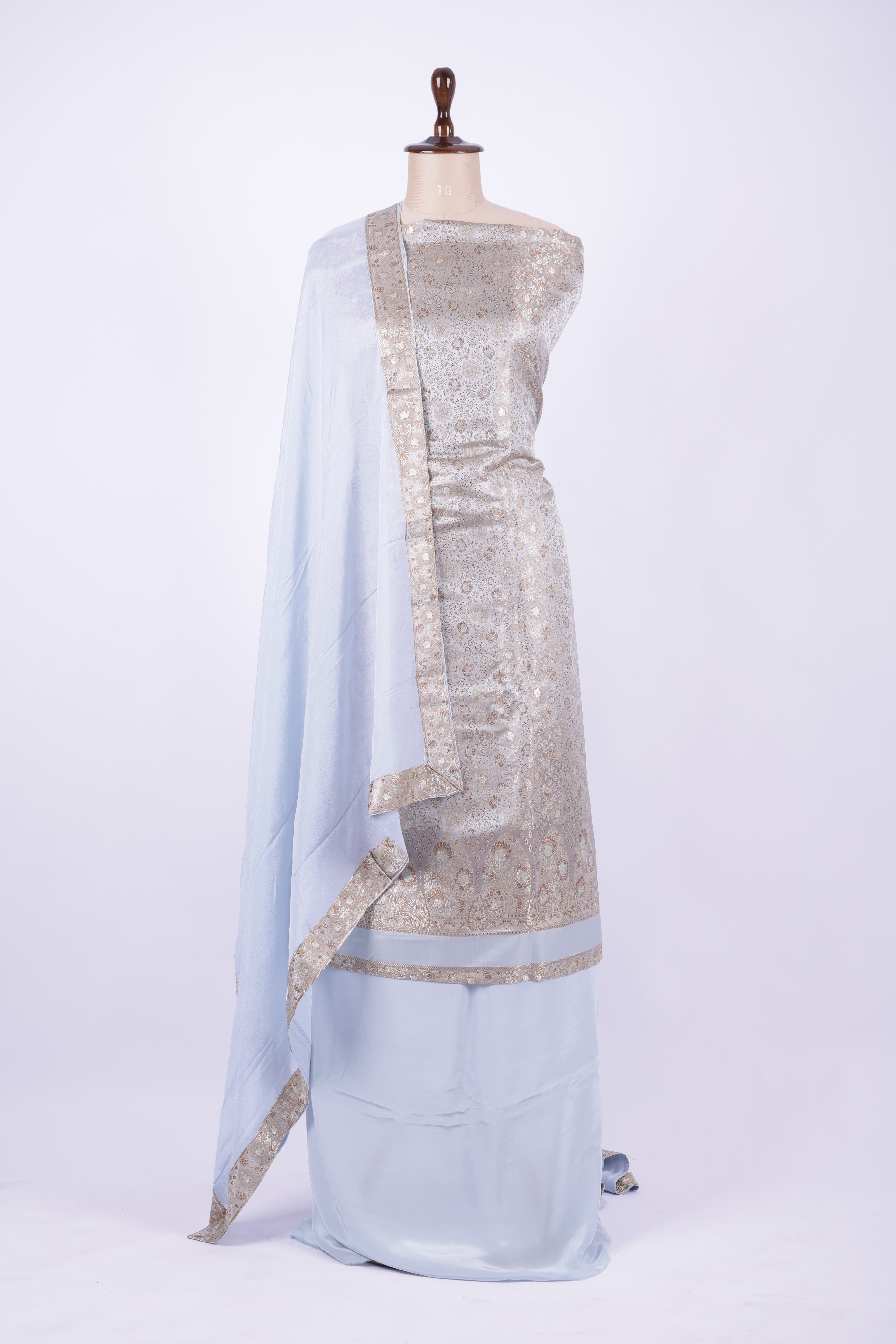 Powder blue and silver Banarasi silk suit set