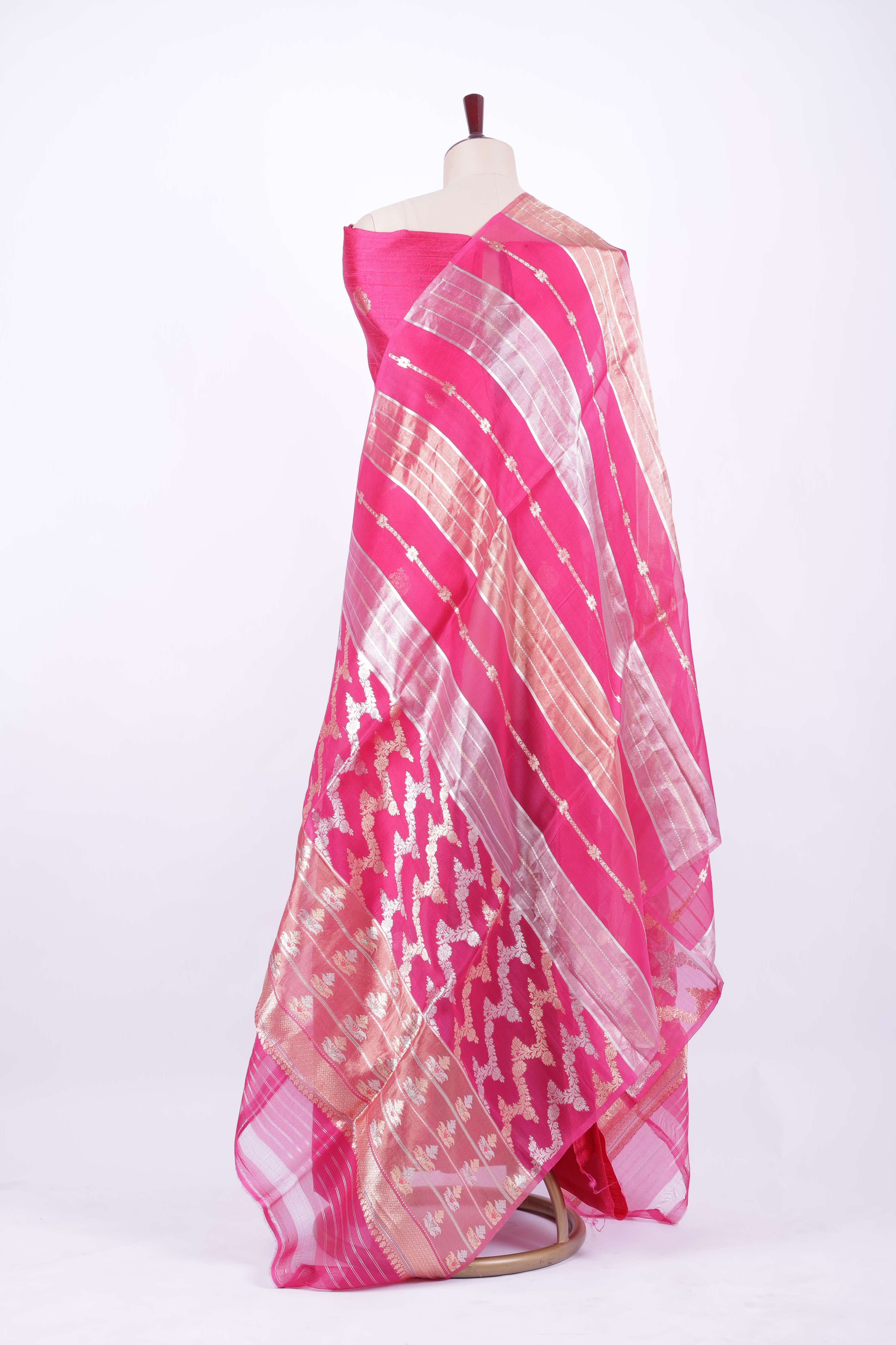 Bright pink Banarasi silk suit set