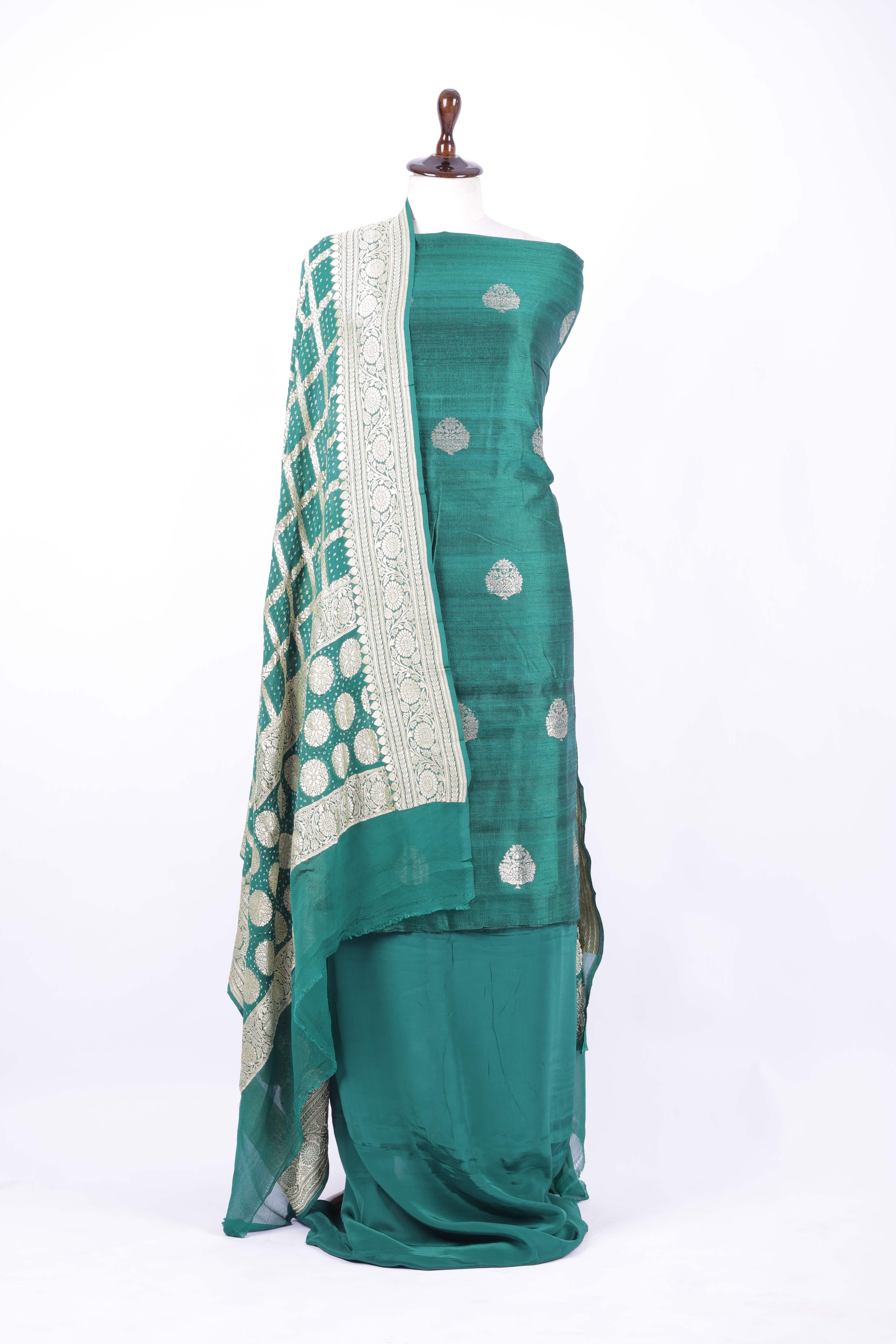 Teal green Banarasi silk suit set