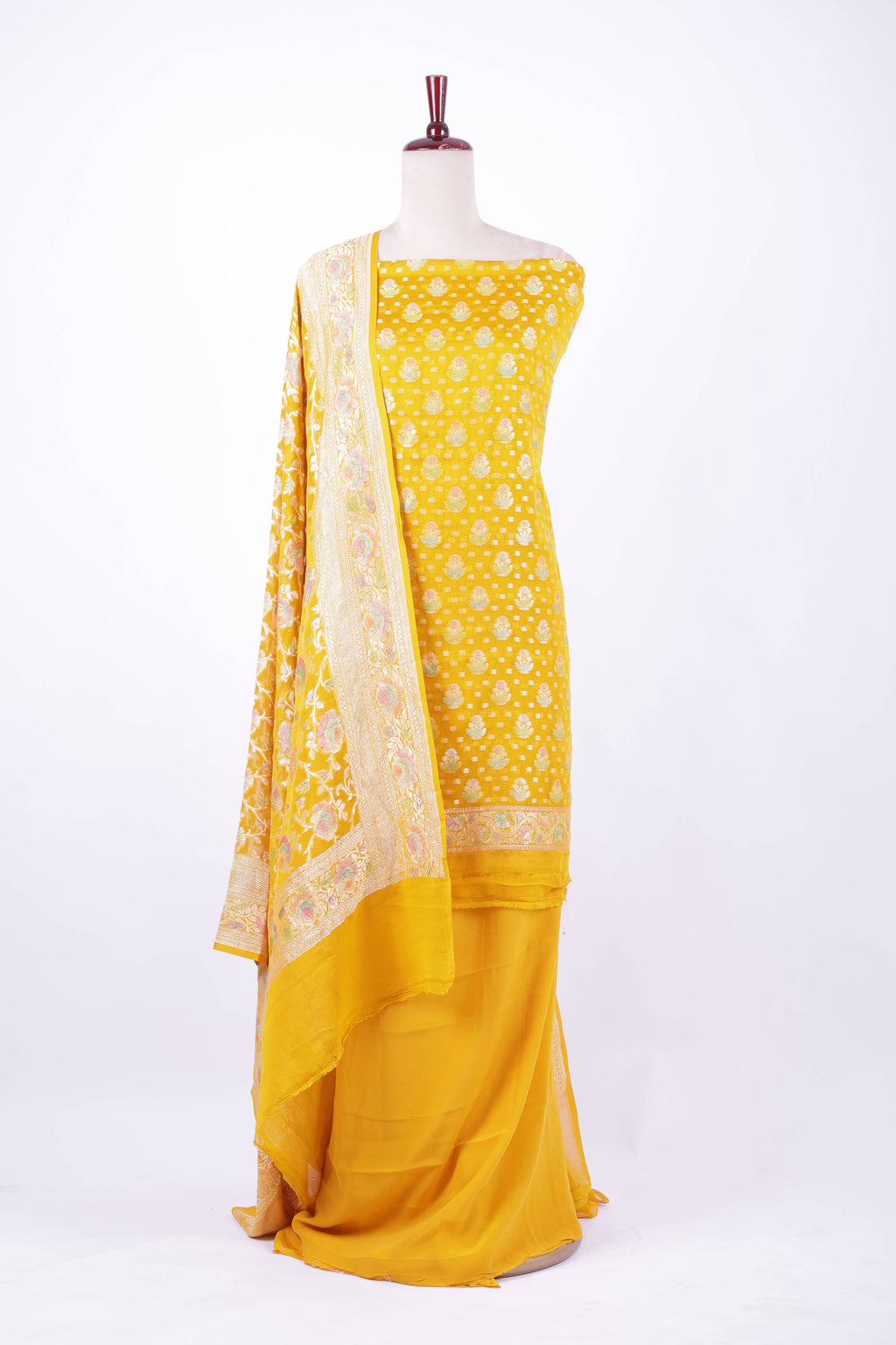 Mustard yellow Banarasi silk suit set