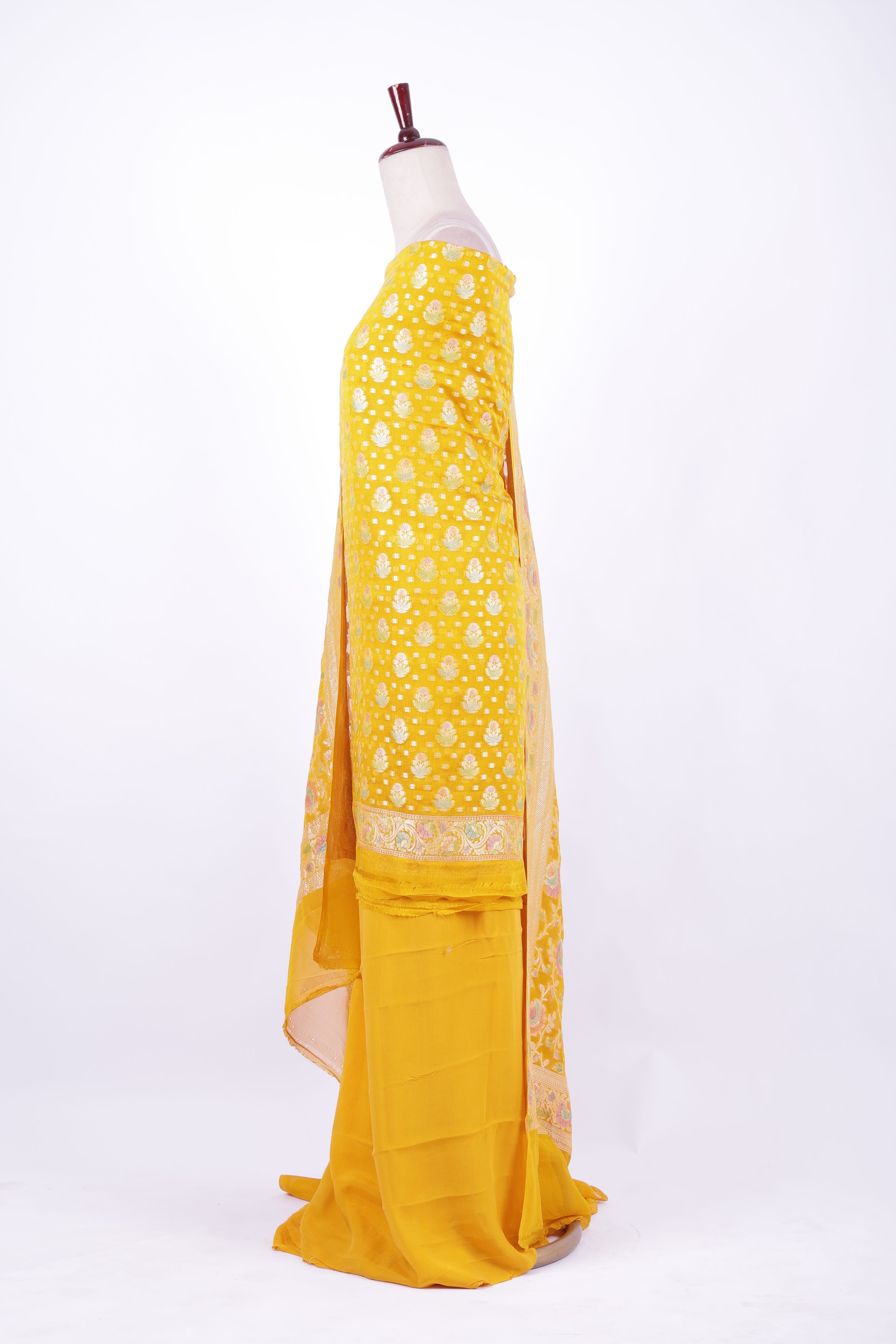 Mustard yellow Banarasi silk suit set