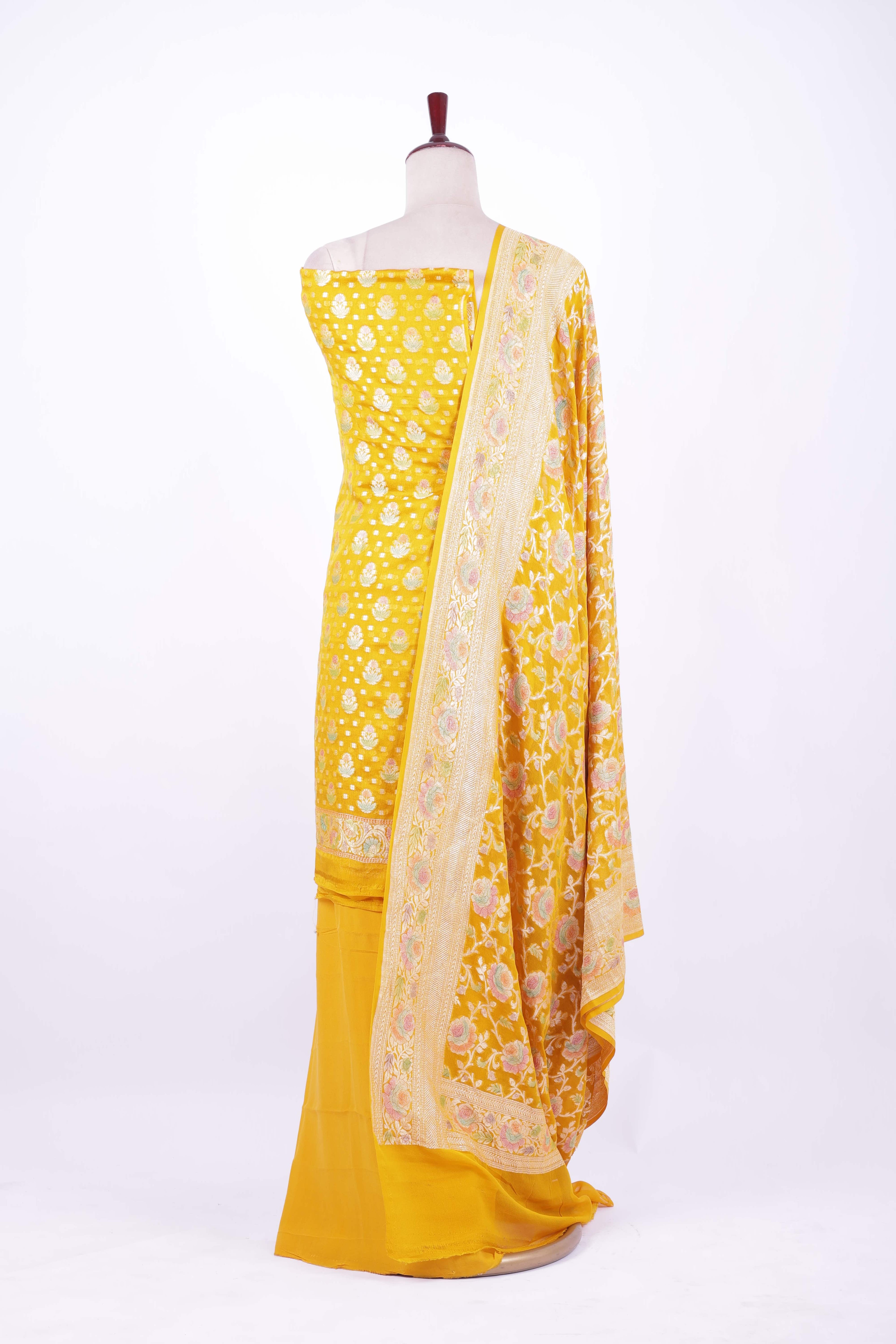 Mustard yellow Banarasi silk suit set