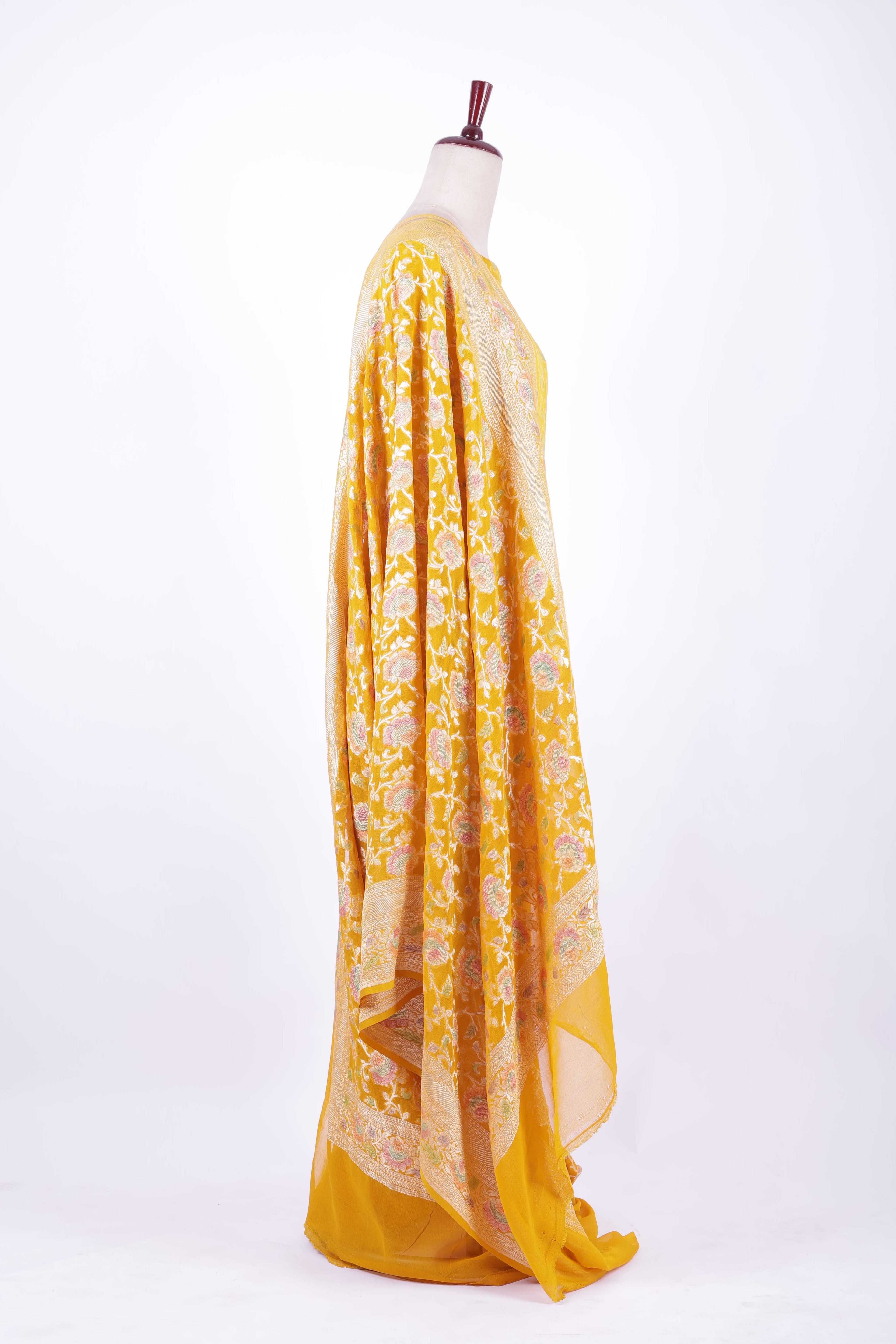 Mustard yellow Banarasi silk suit set