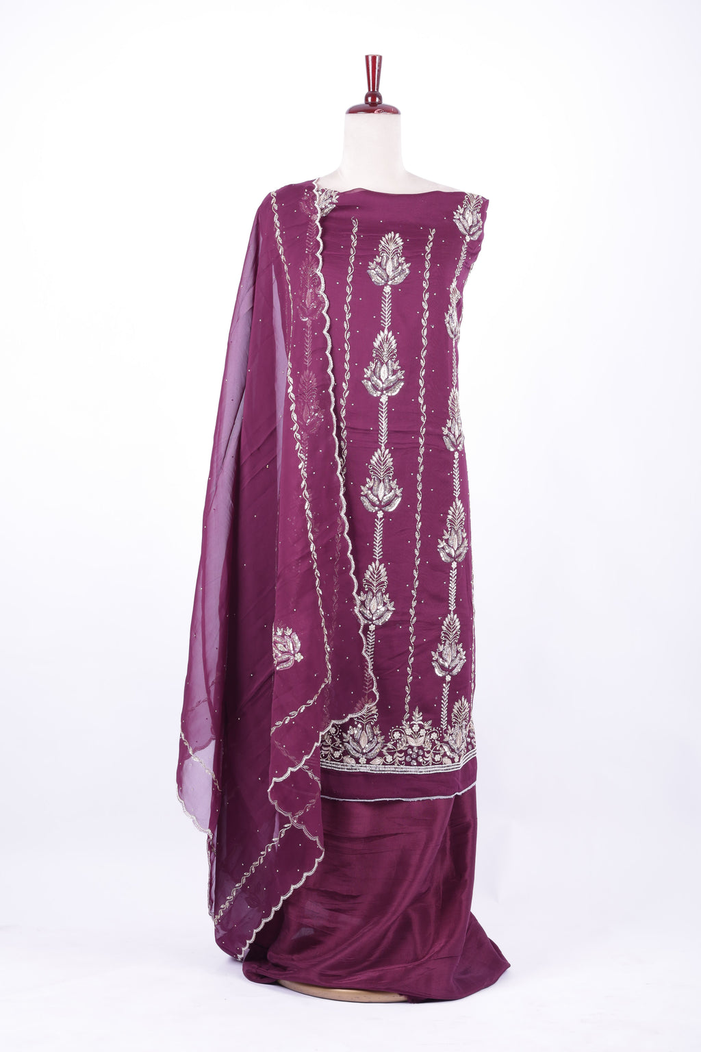 Wine purple embroidered silk suit set