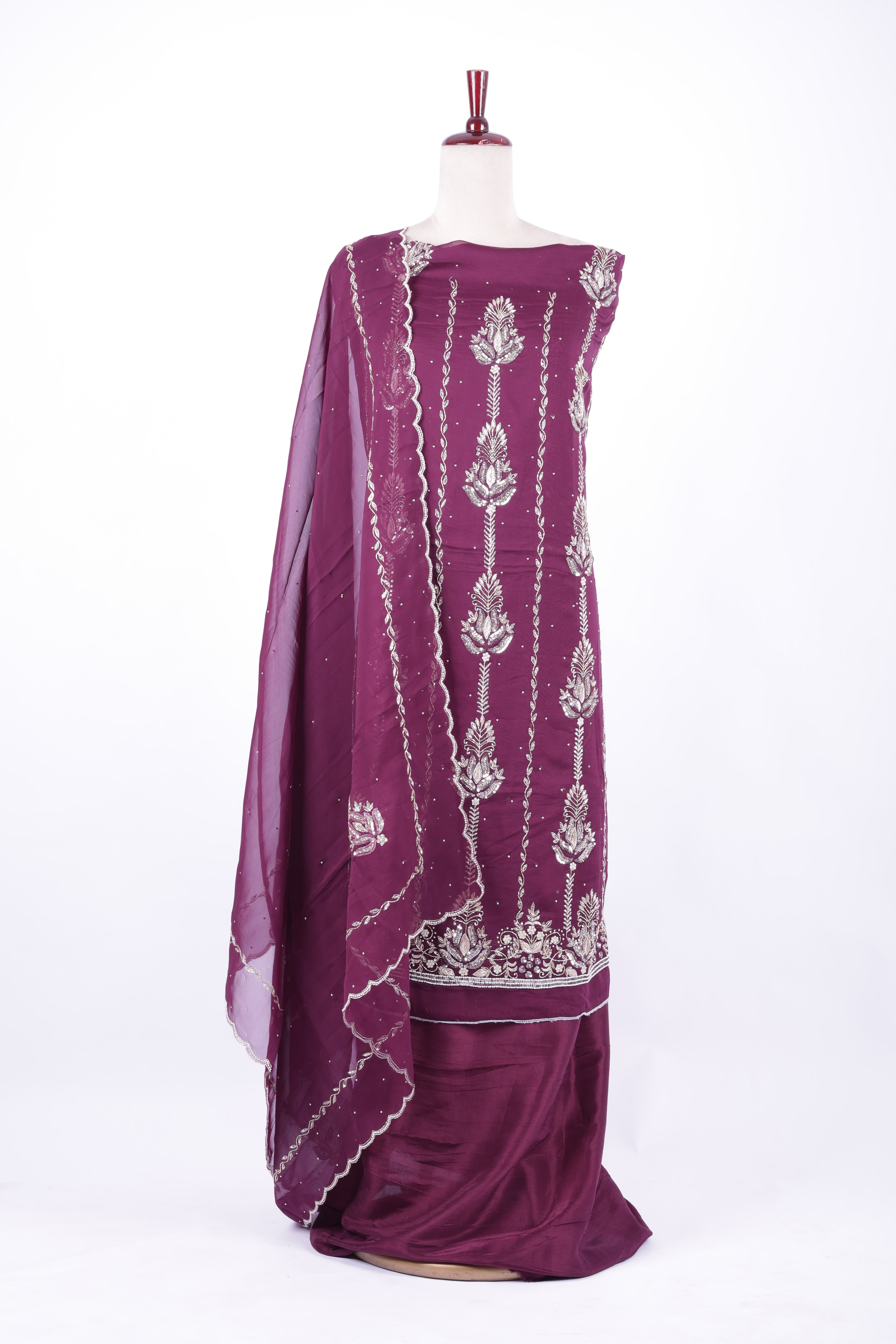 Wine purple embroidered silk suit set