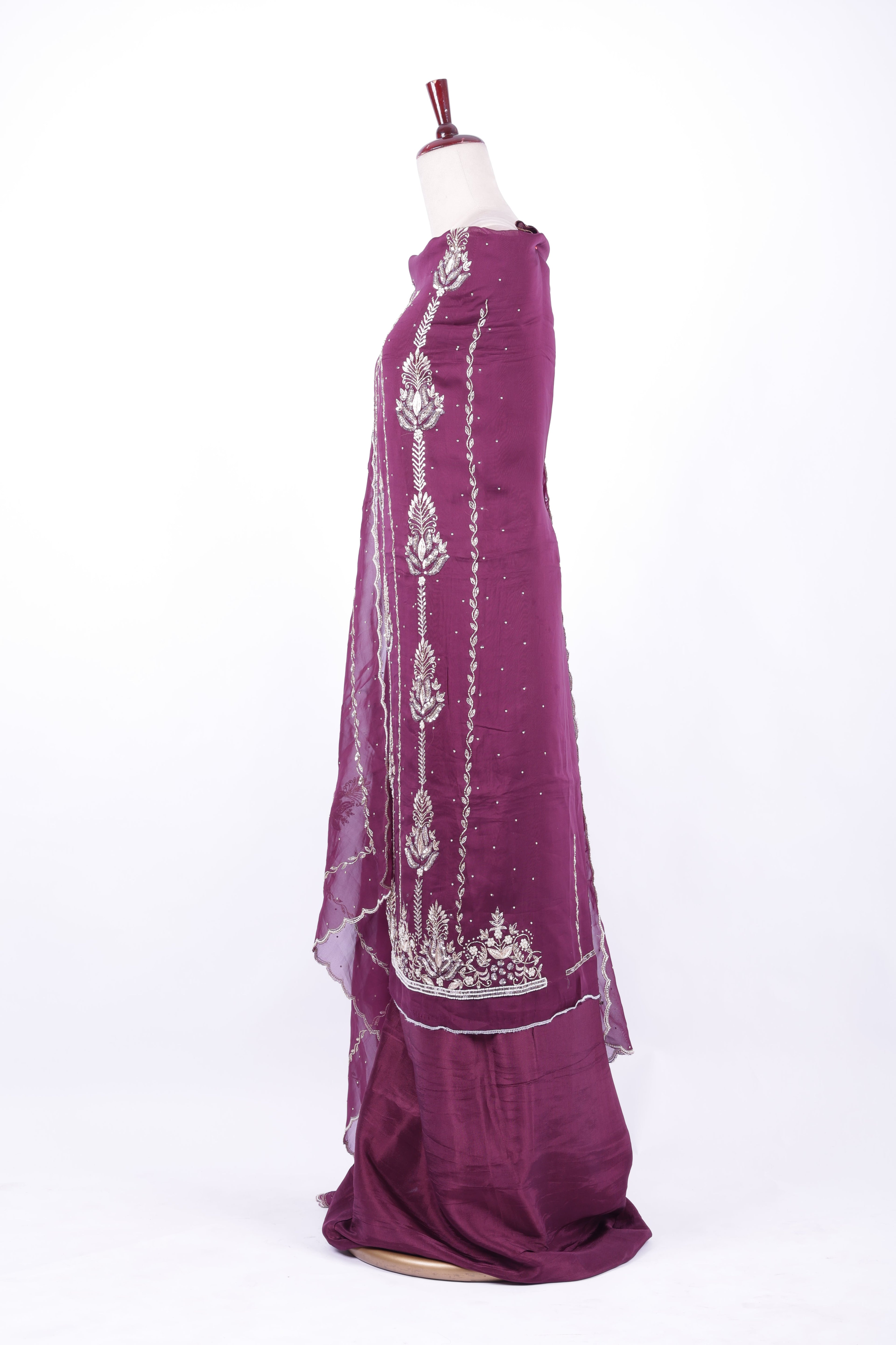 Wine purple embroidered silk suit set