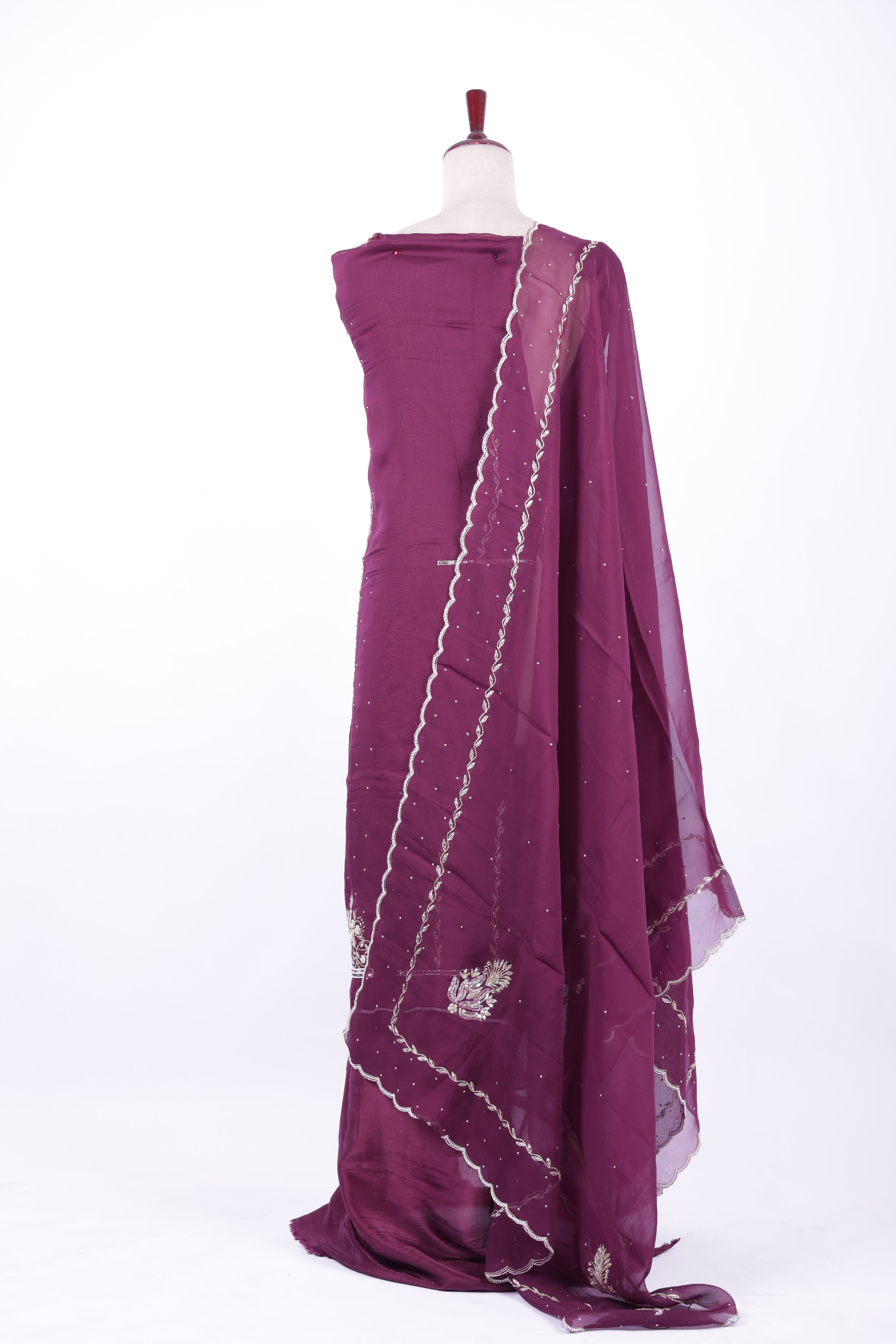 Wine purple embroidered silk suit set