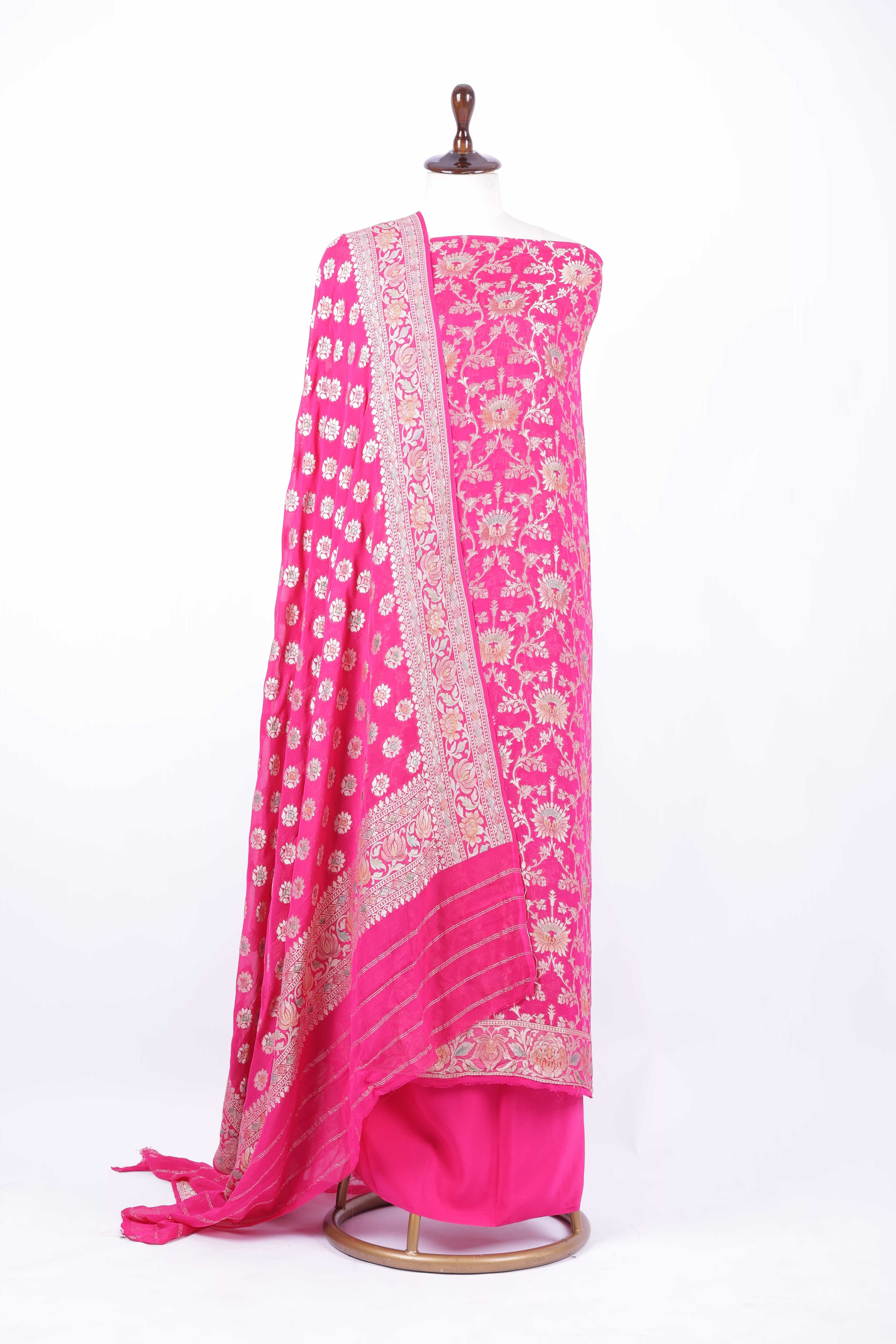 Hot pink Banarasi silk suit set