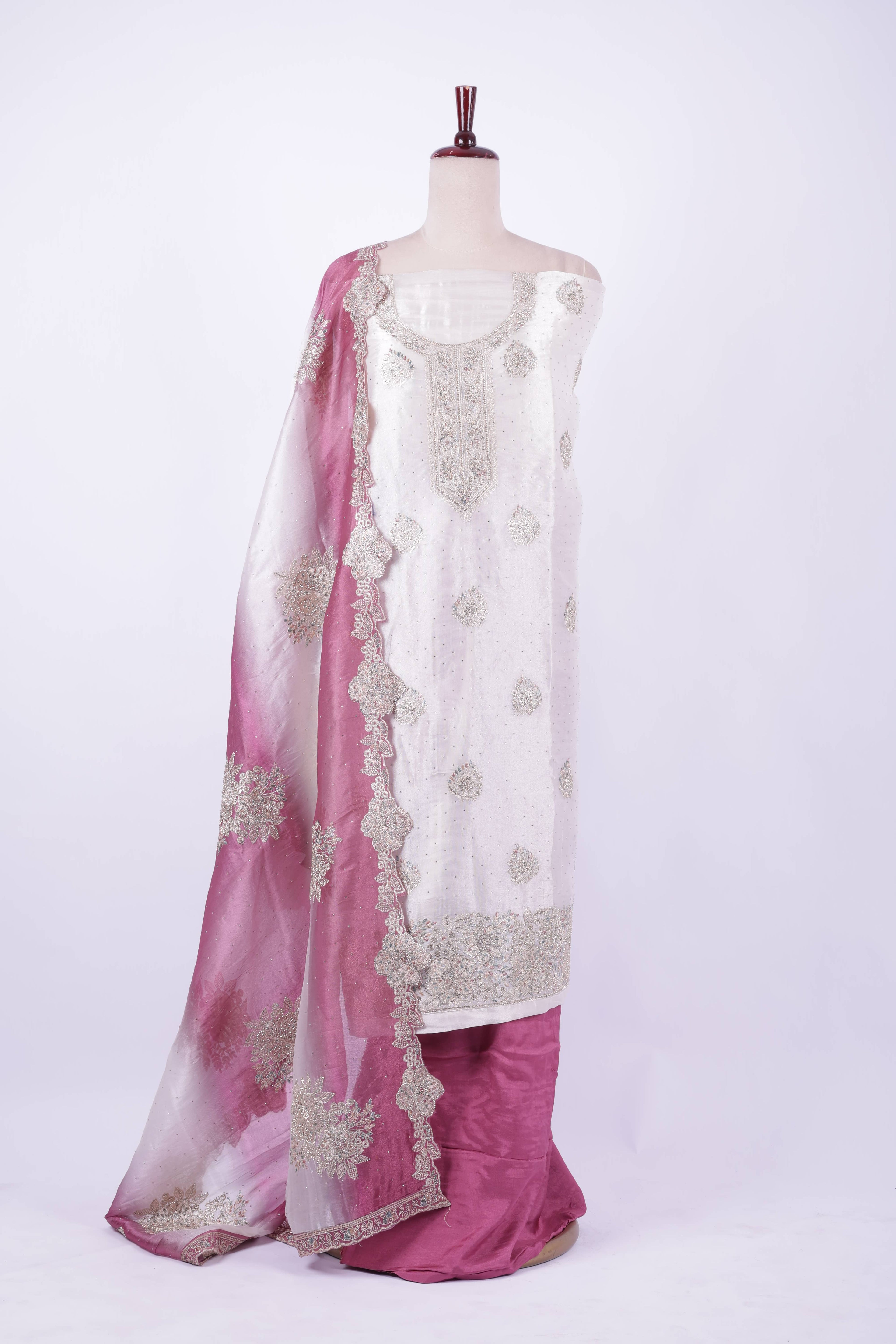 Ivory and mauve embroidered silk suit set