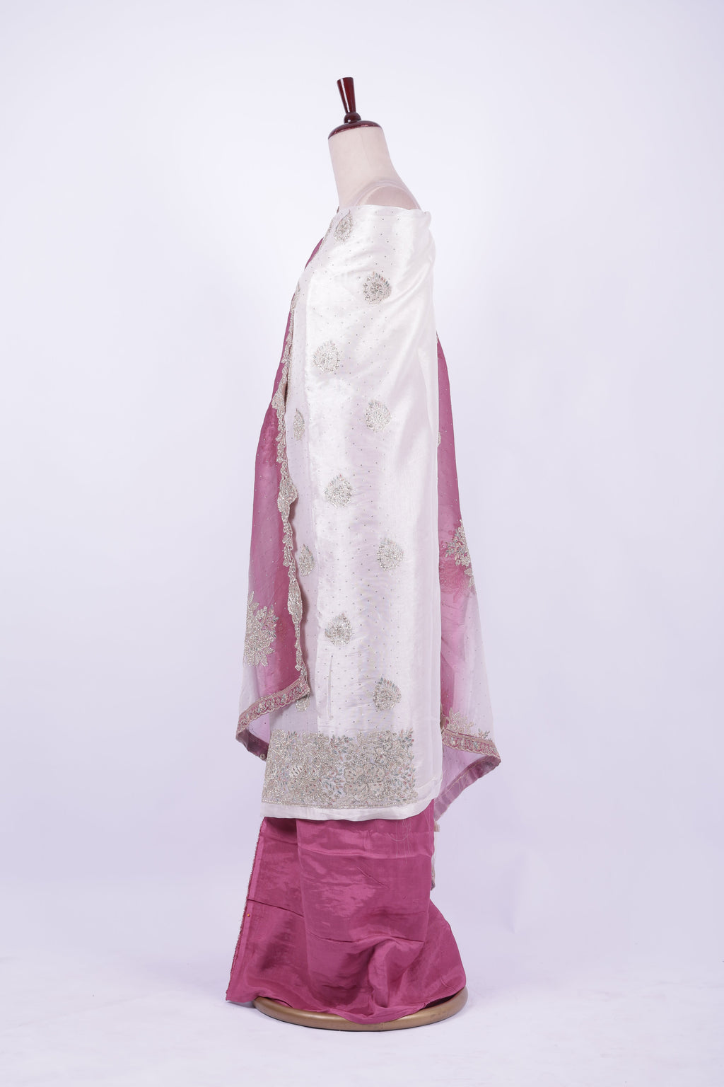 Ivory and mauve embroidered silk suit set