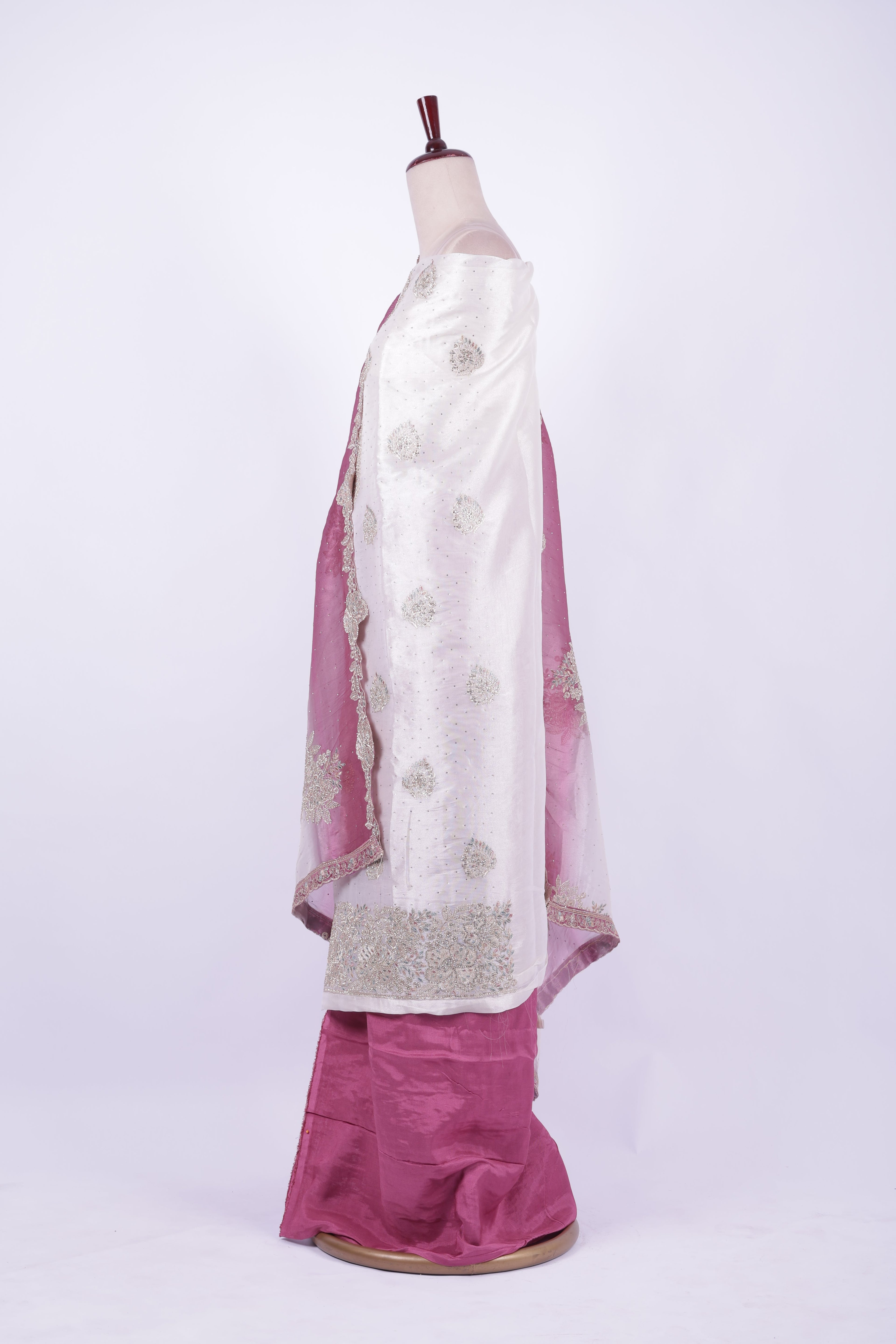 Ivory and mauve embroidered silk suit set