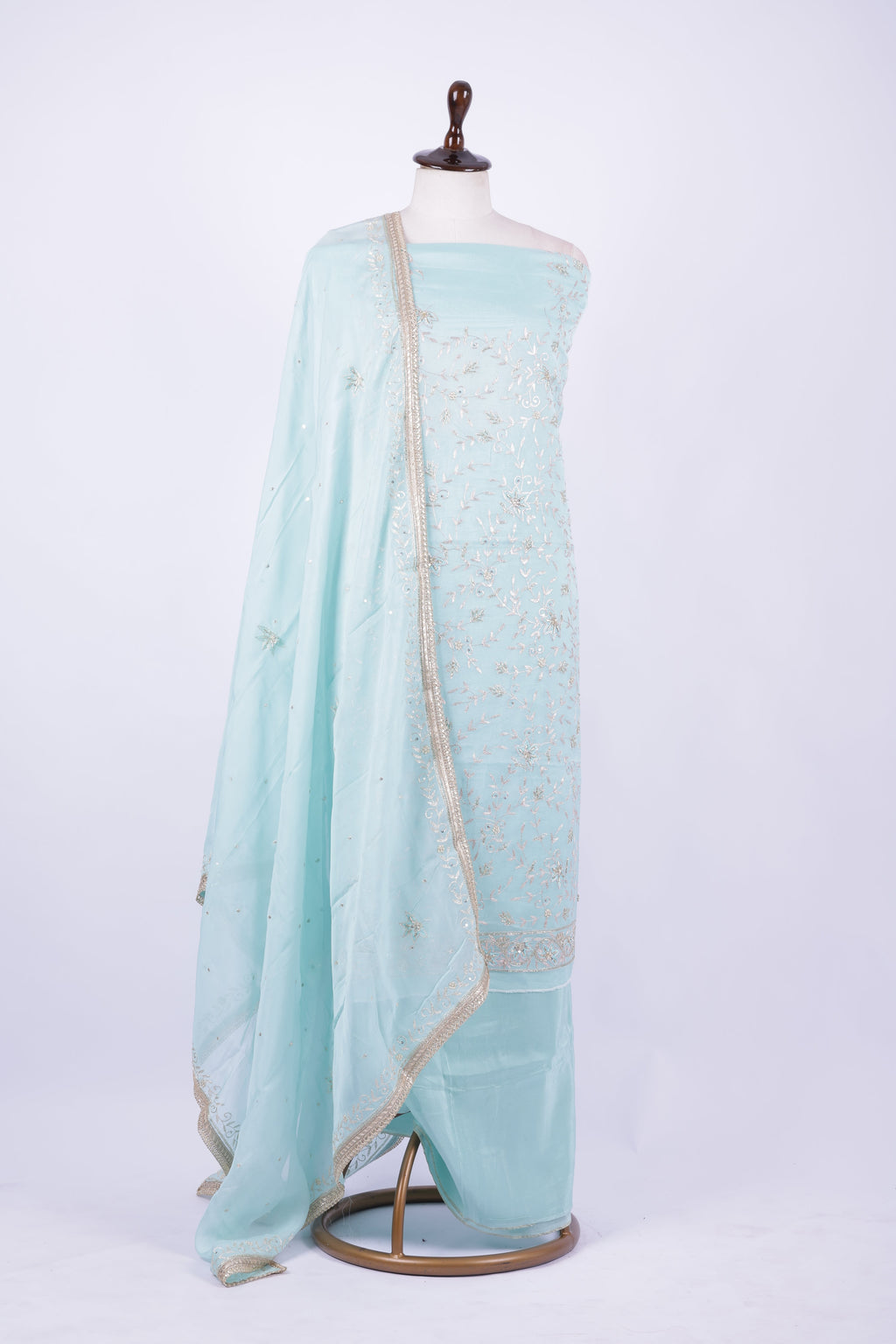 Pastel aqua blue embroidered organza suit set