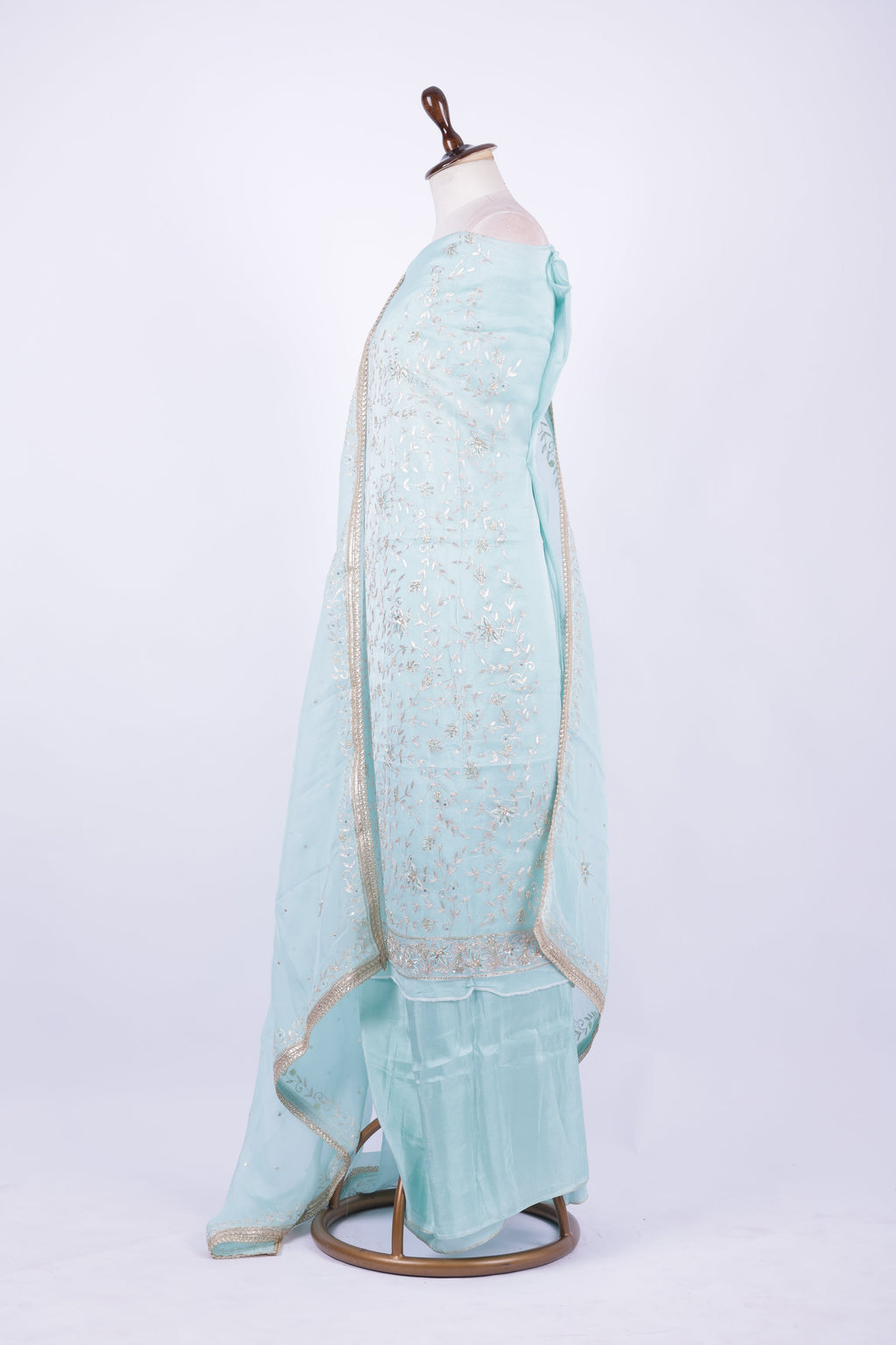 Pastel aqua blue embroidered organza suit set