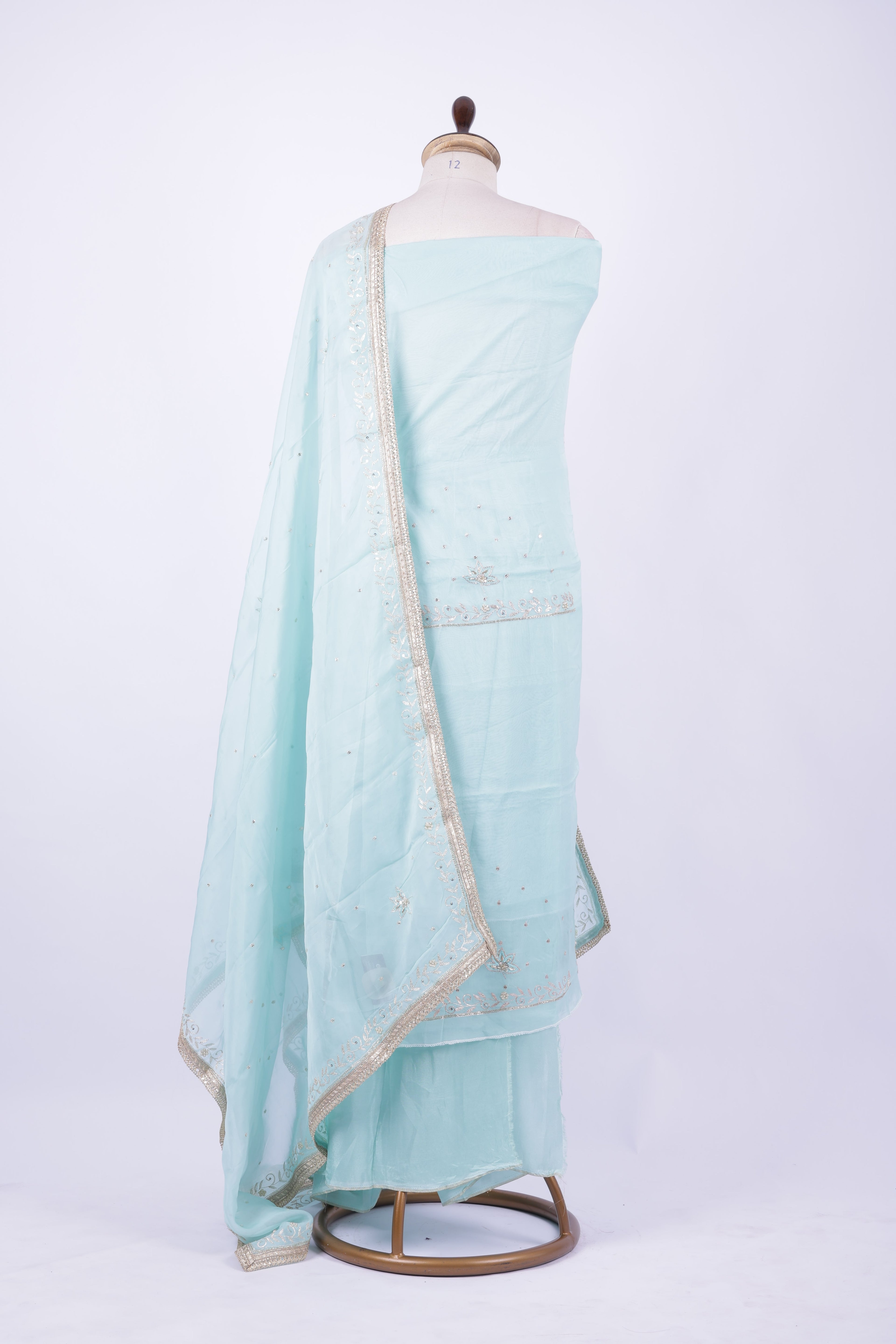 Pastel aqua blue embroidered organza suit set