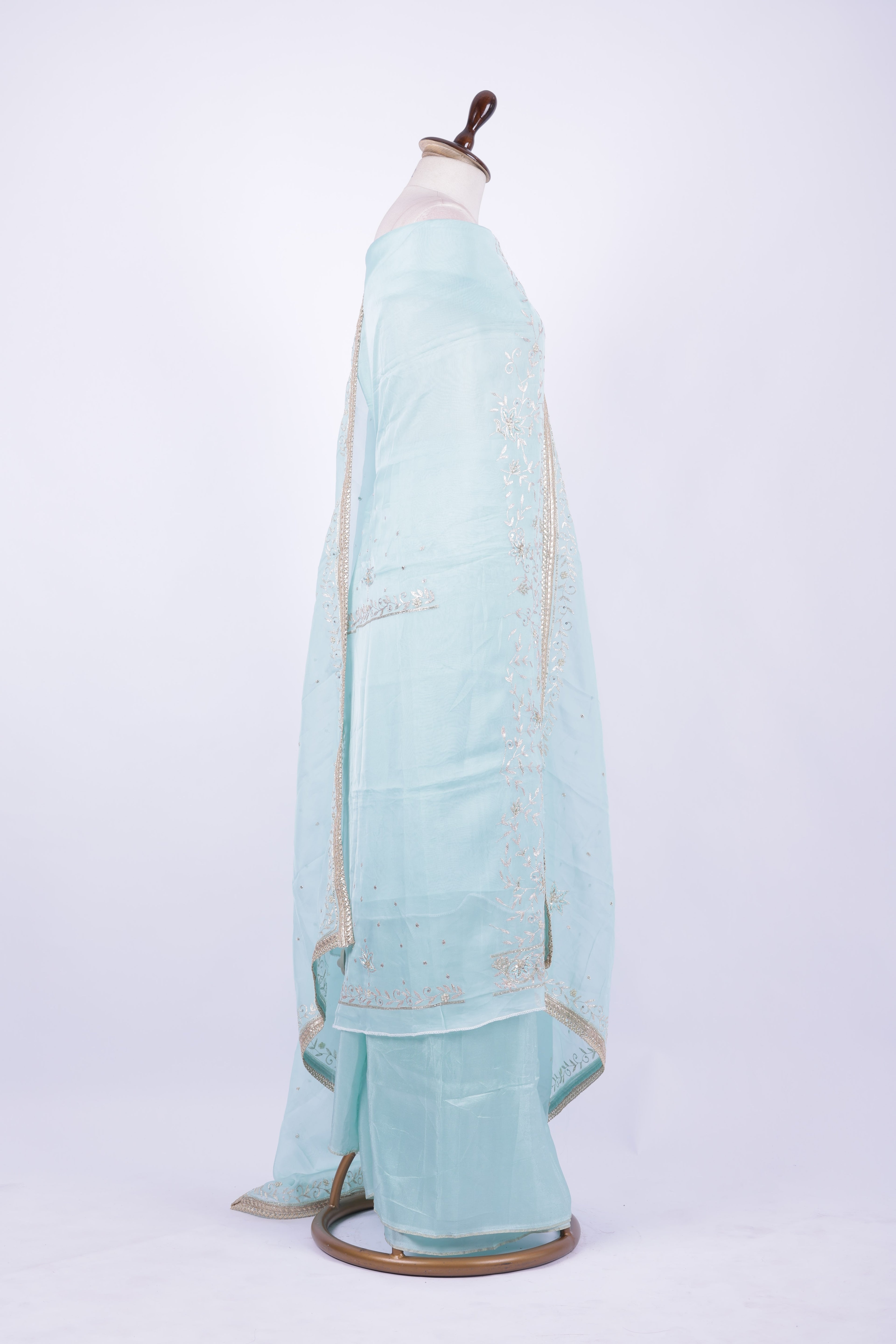 Pastel aqua blue embroidered organza suit set