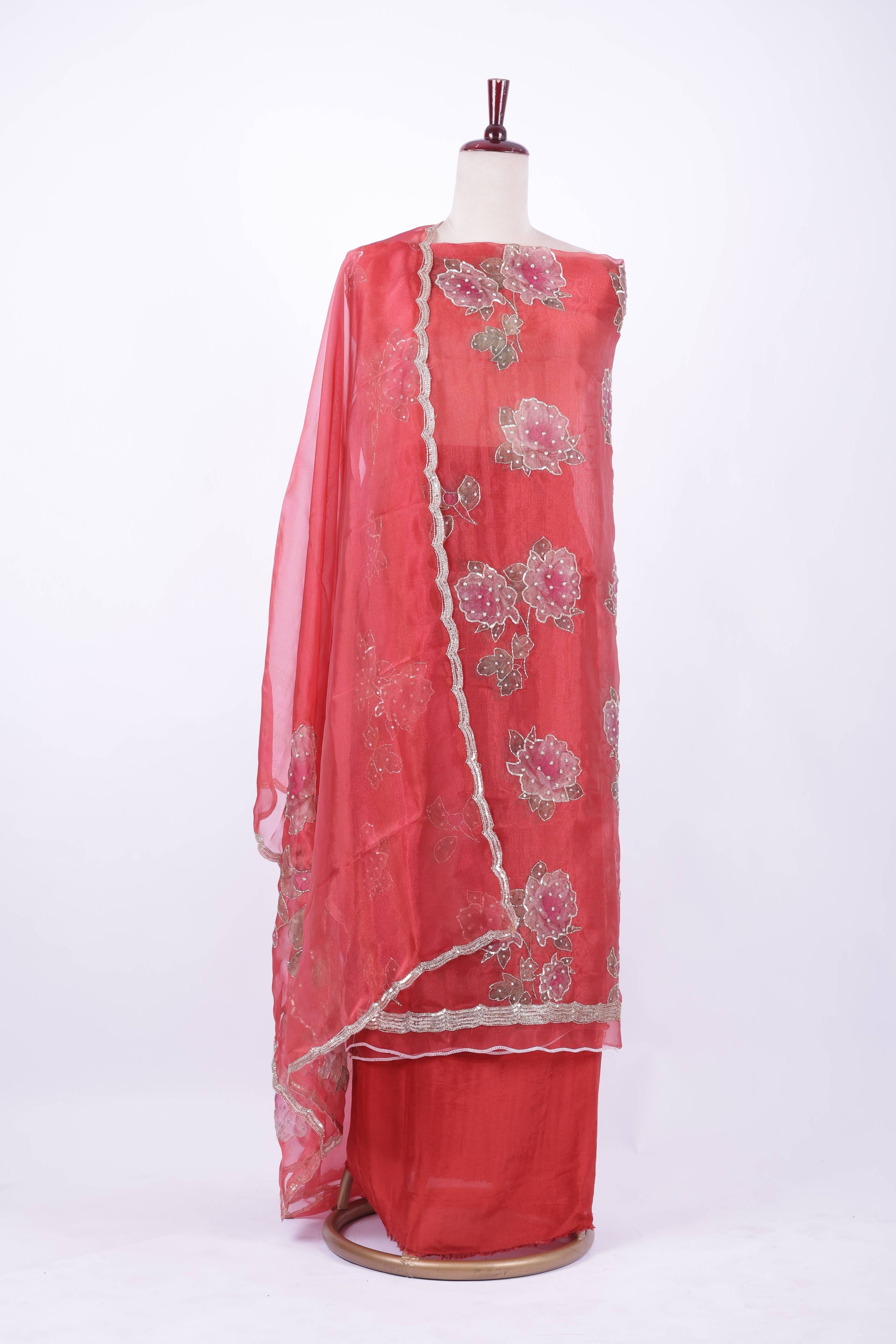 Coral pink organza embroidered suit set