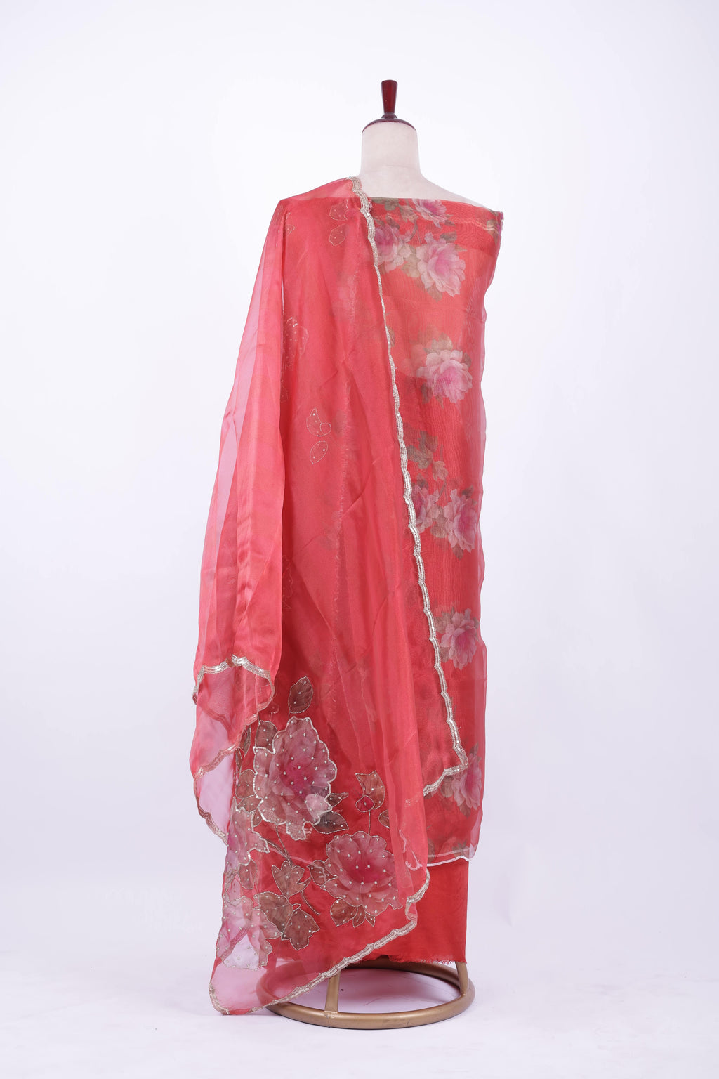 Coral pink organza embroidered suit set