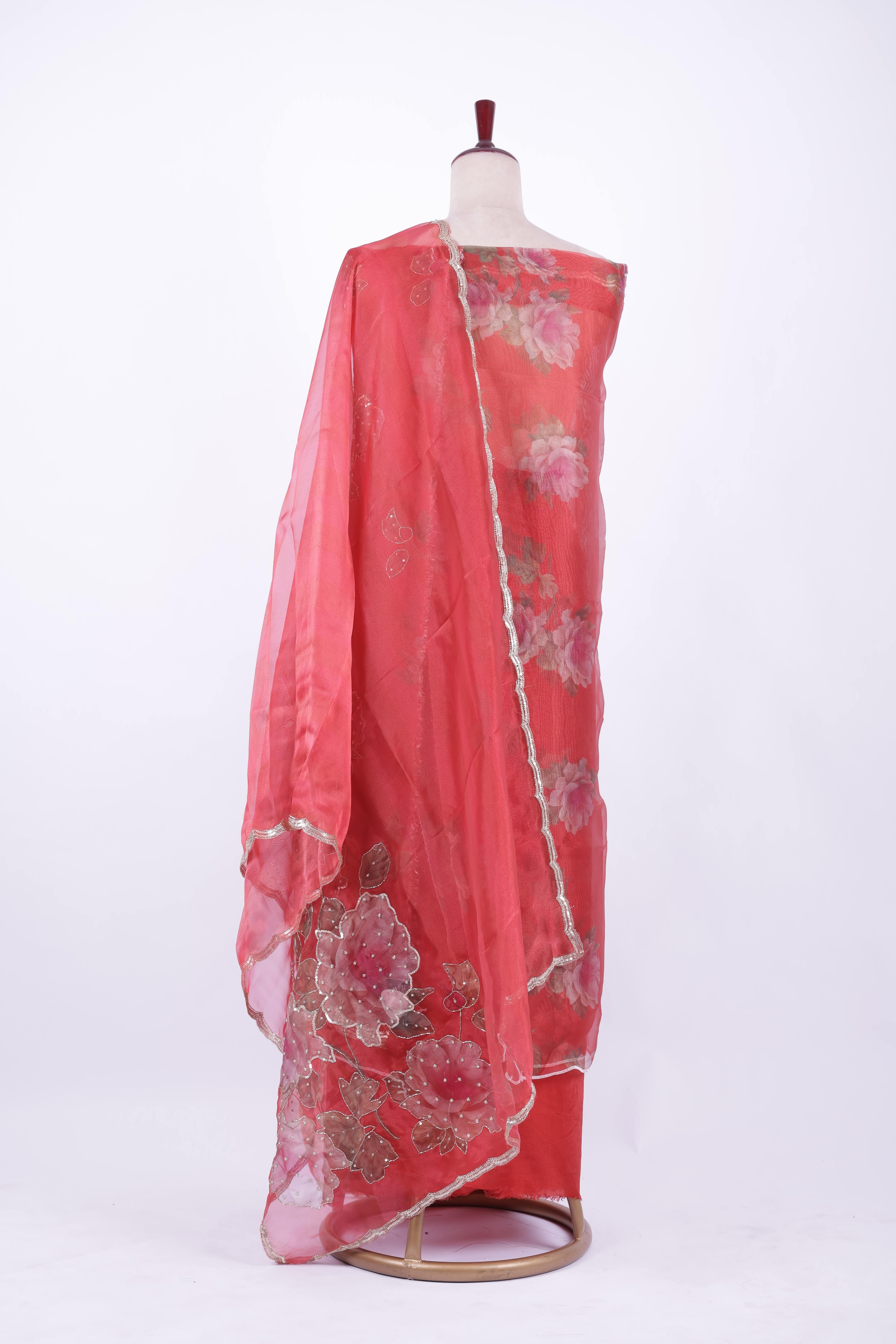 Coral pink organza embroidered suit set