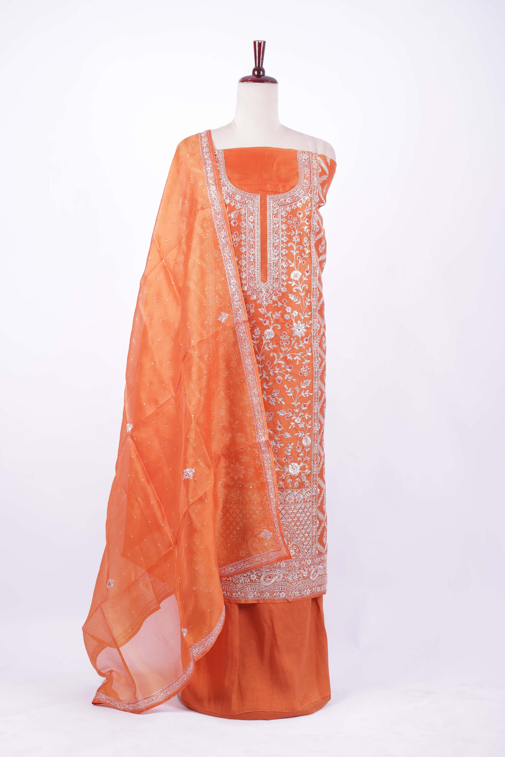 Burnt orange organza embroidered suit set