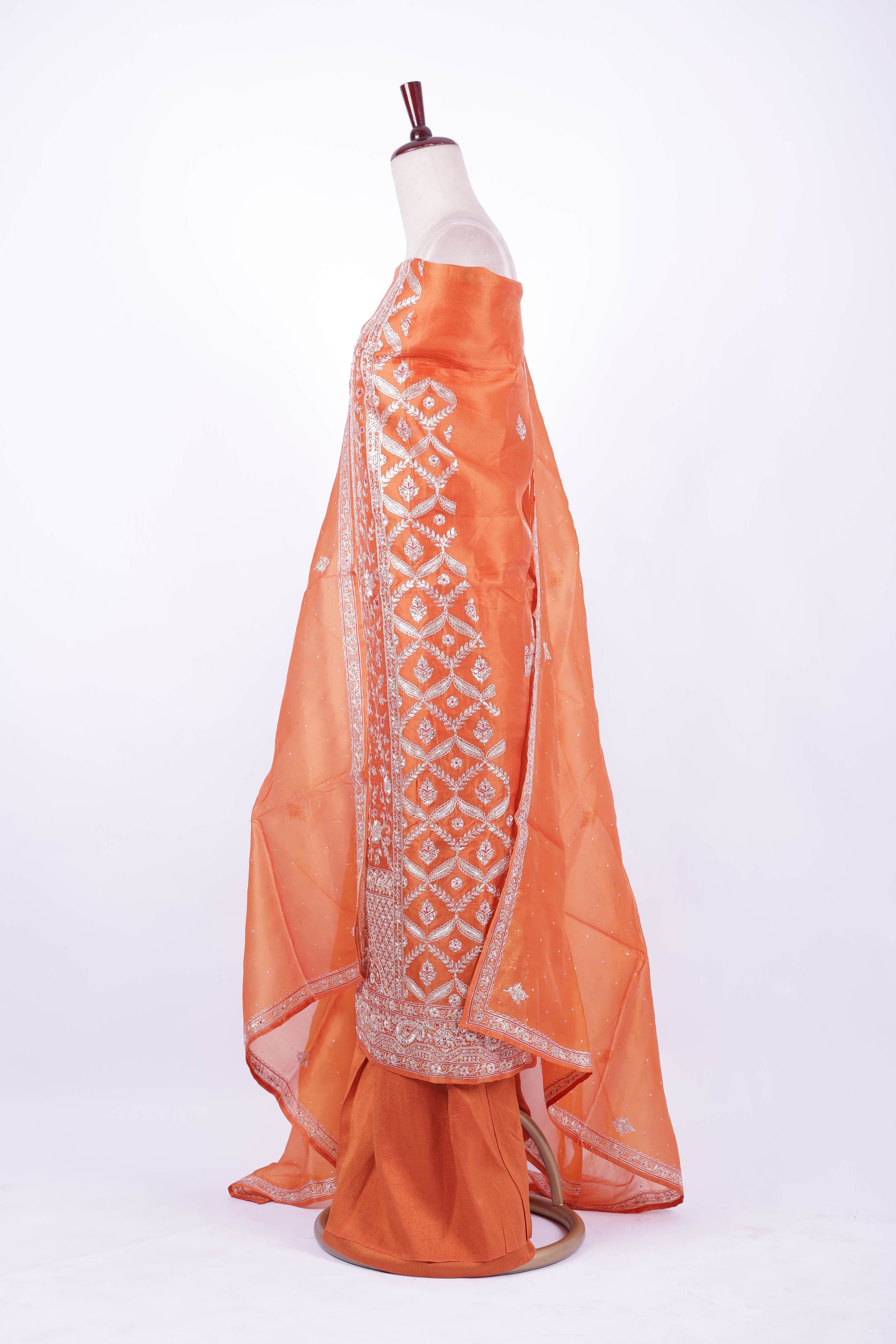 Burnt orange organza embroidered suit set