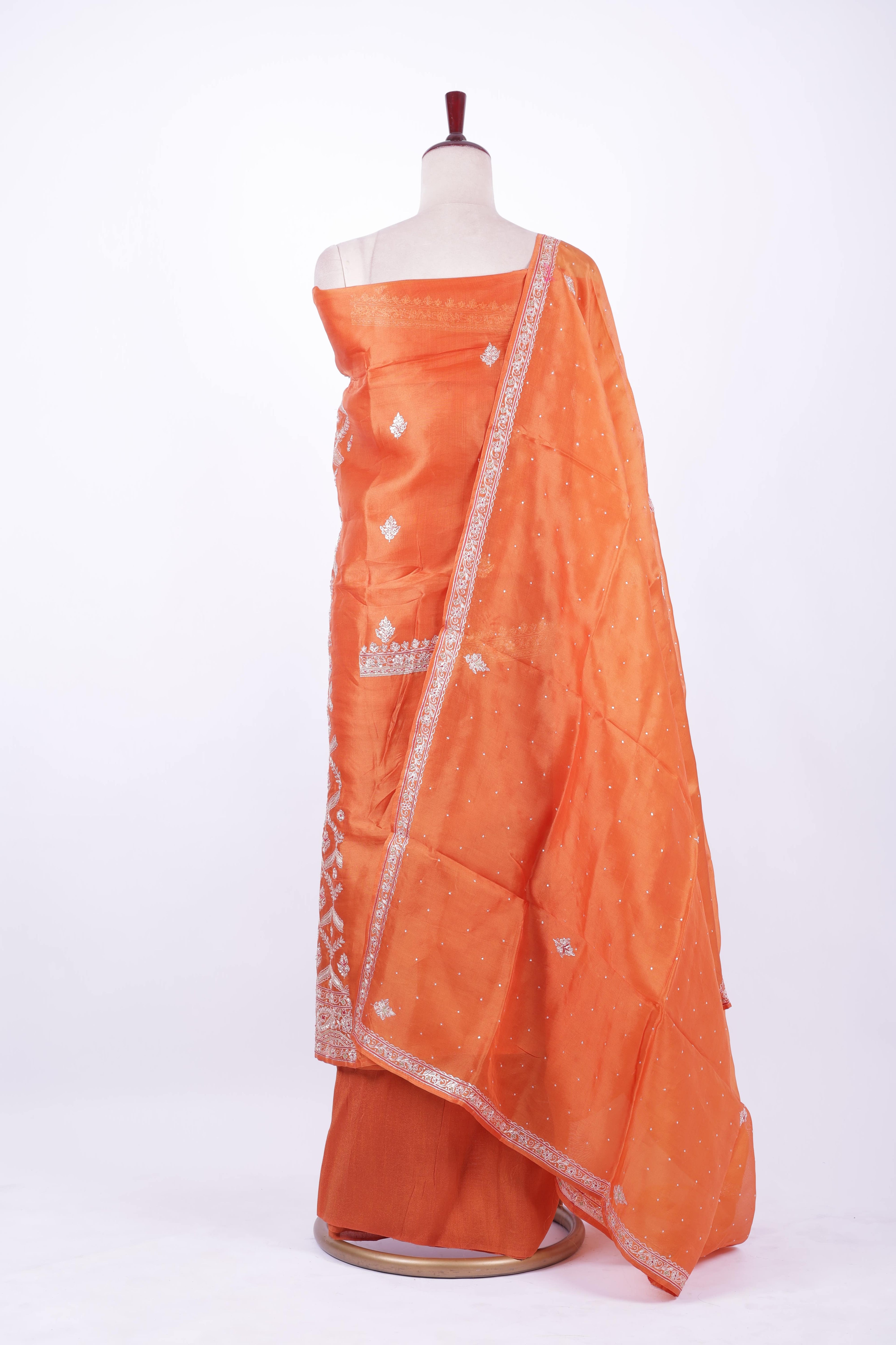 Burnt orange organza embroidered suit set