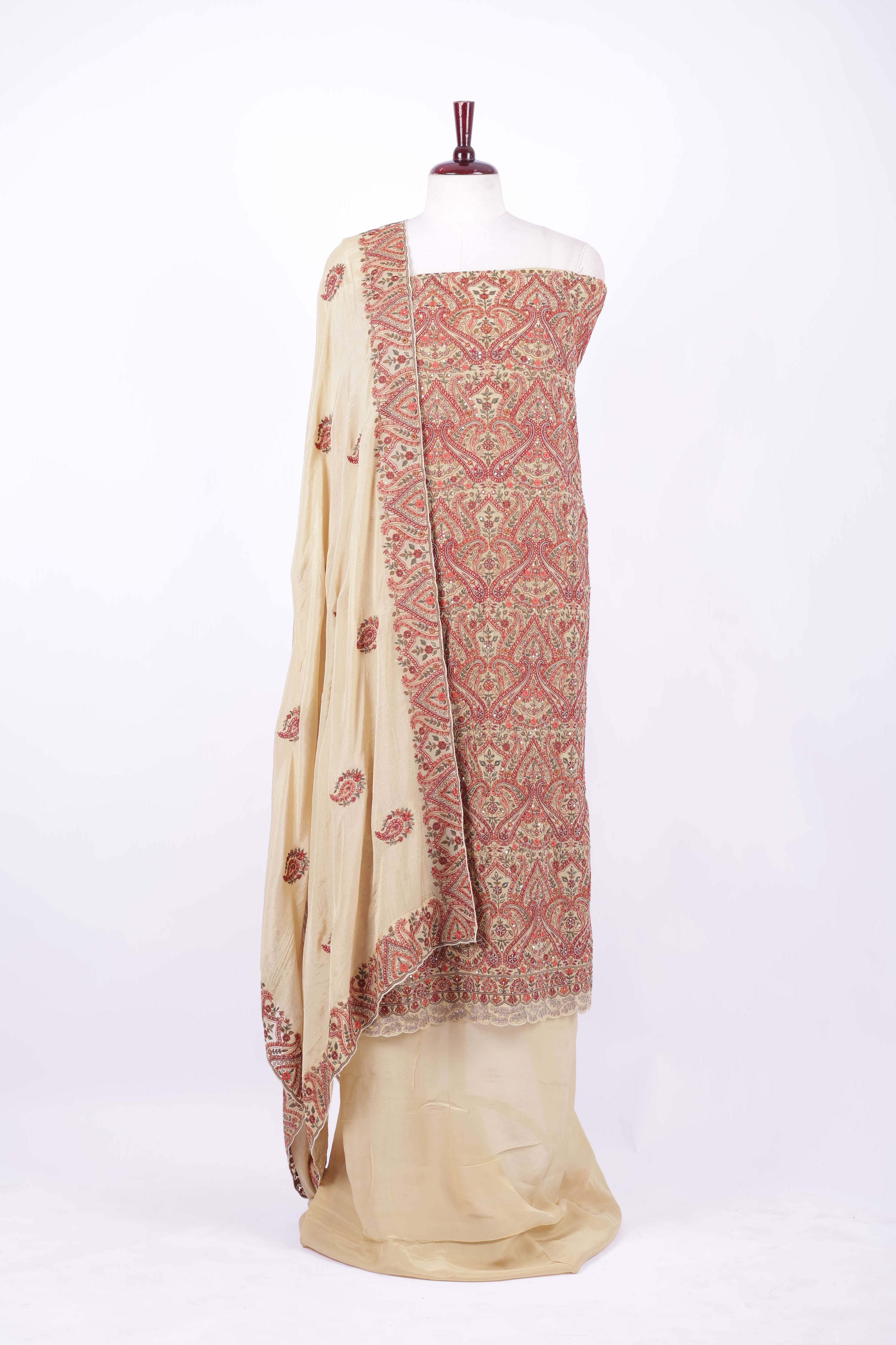 Beige and maroon embroidered silk suit set