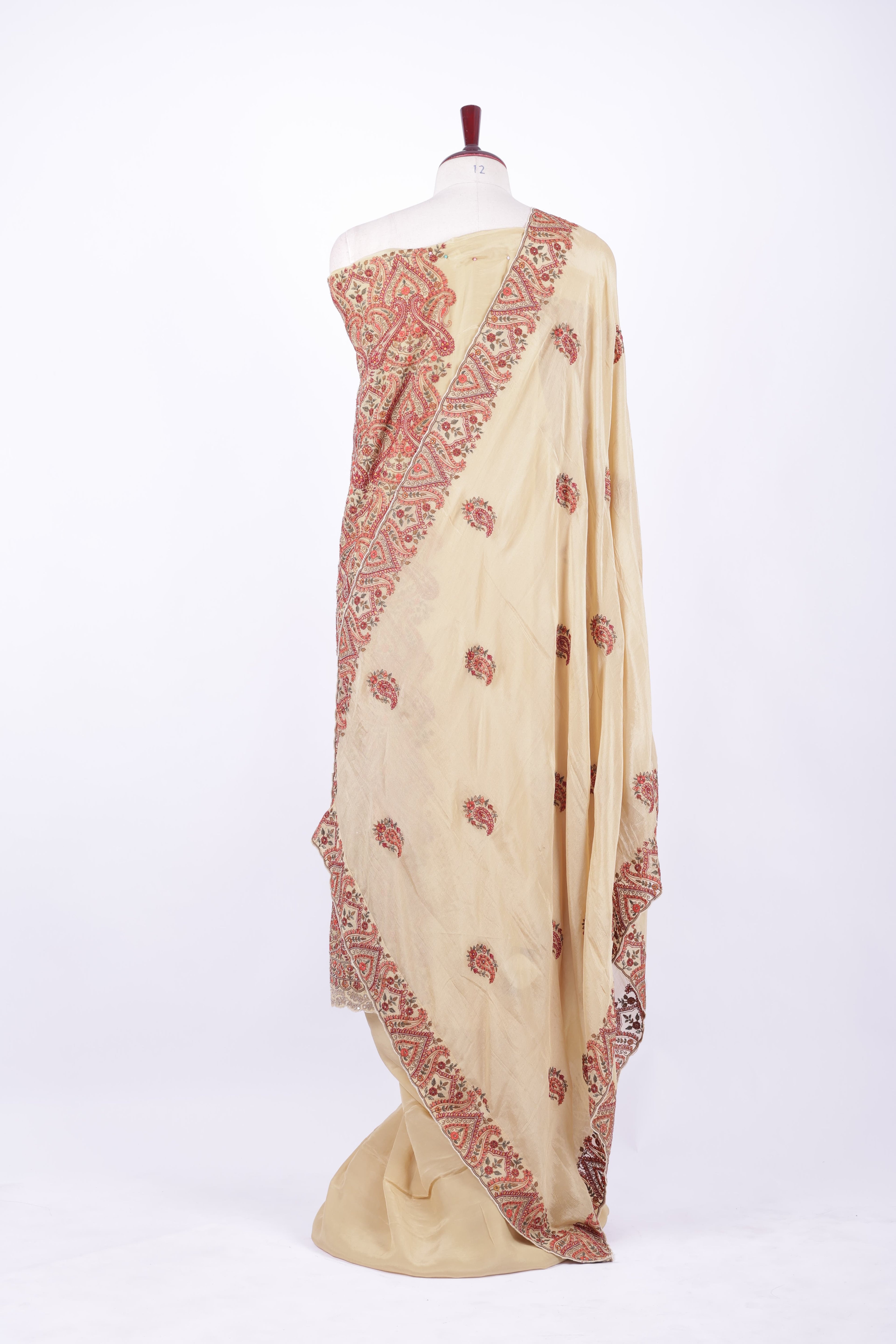 Beige and maroon embroidered silk suit set