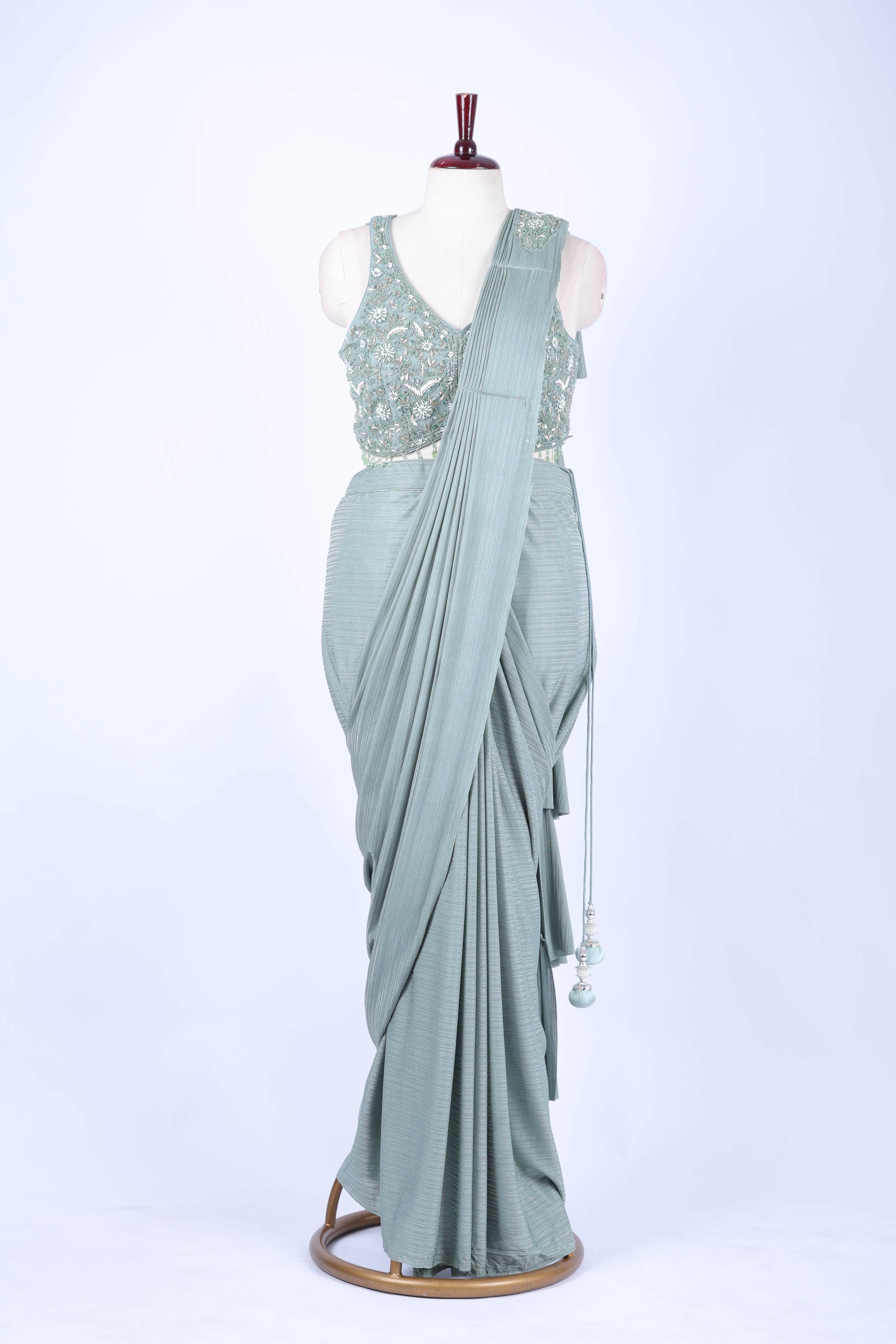 Sage green pre-draped saree set