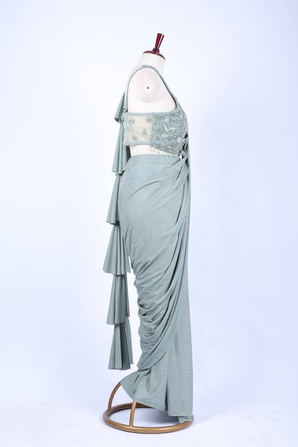 Sage green pre-draped saree set