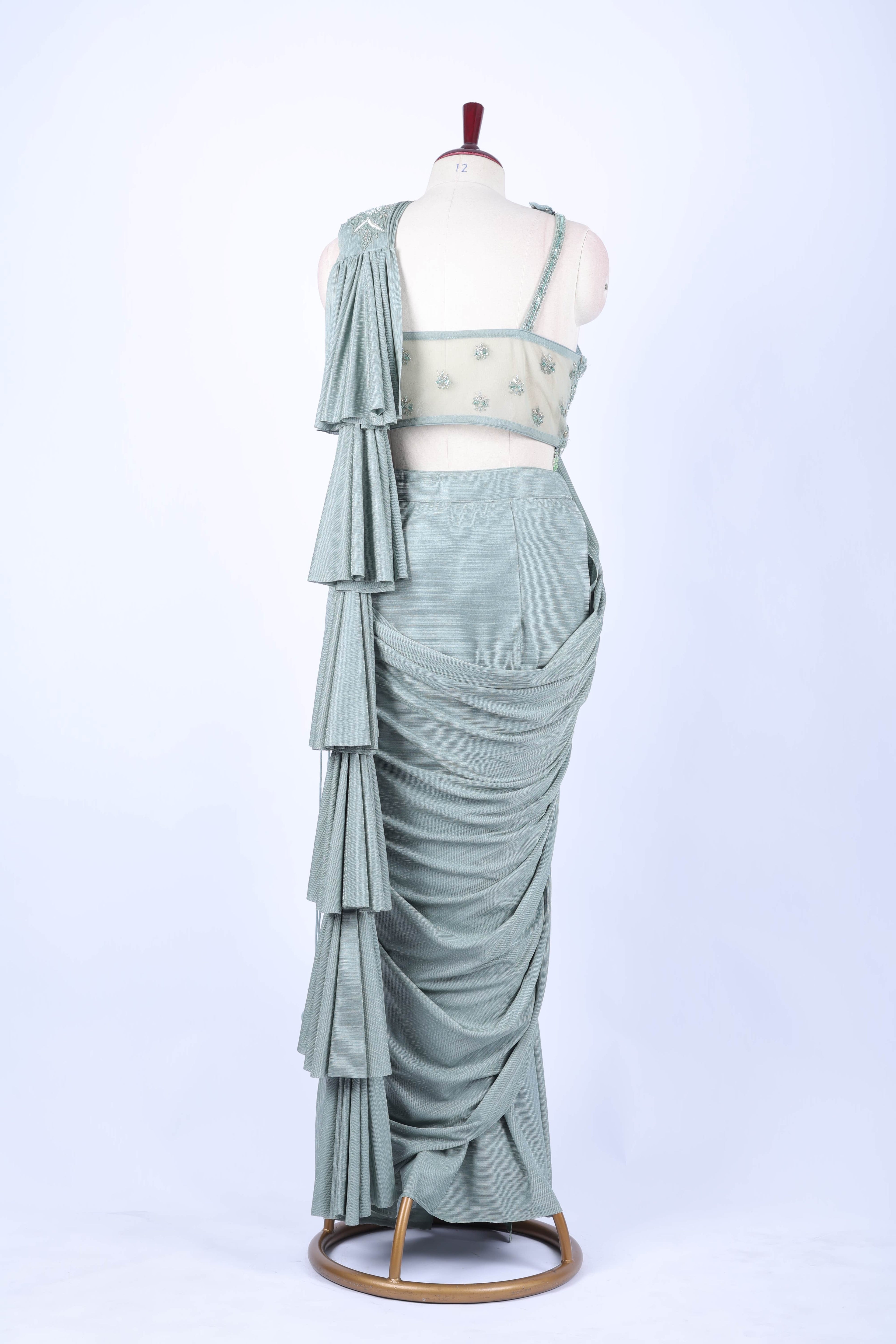 Sage green pre-draped saree set