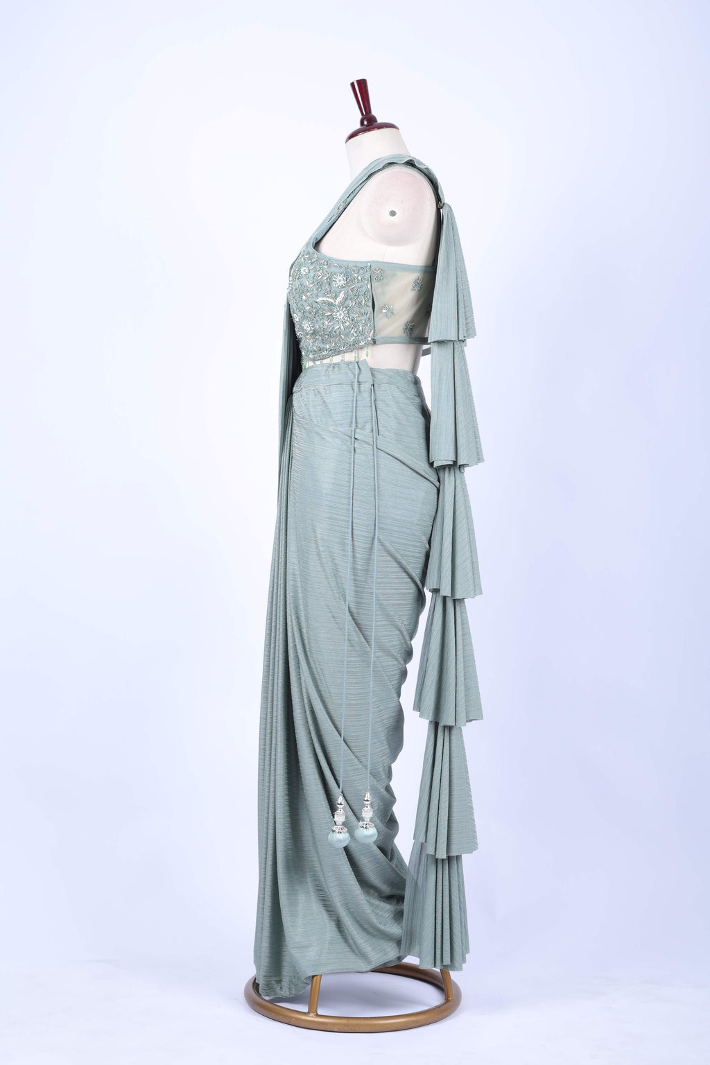 Sage green pre-draped saree set