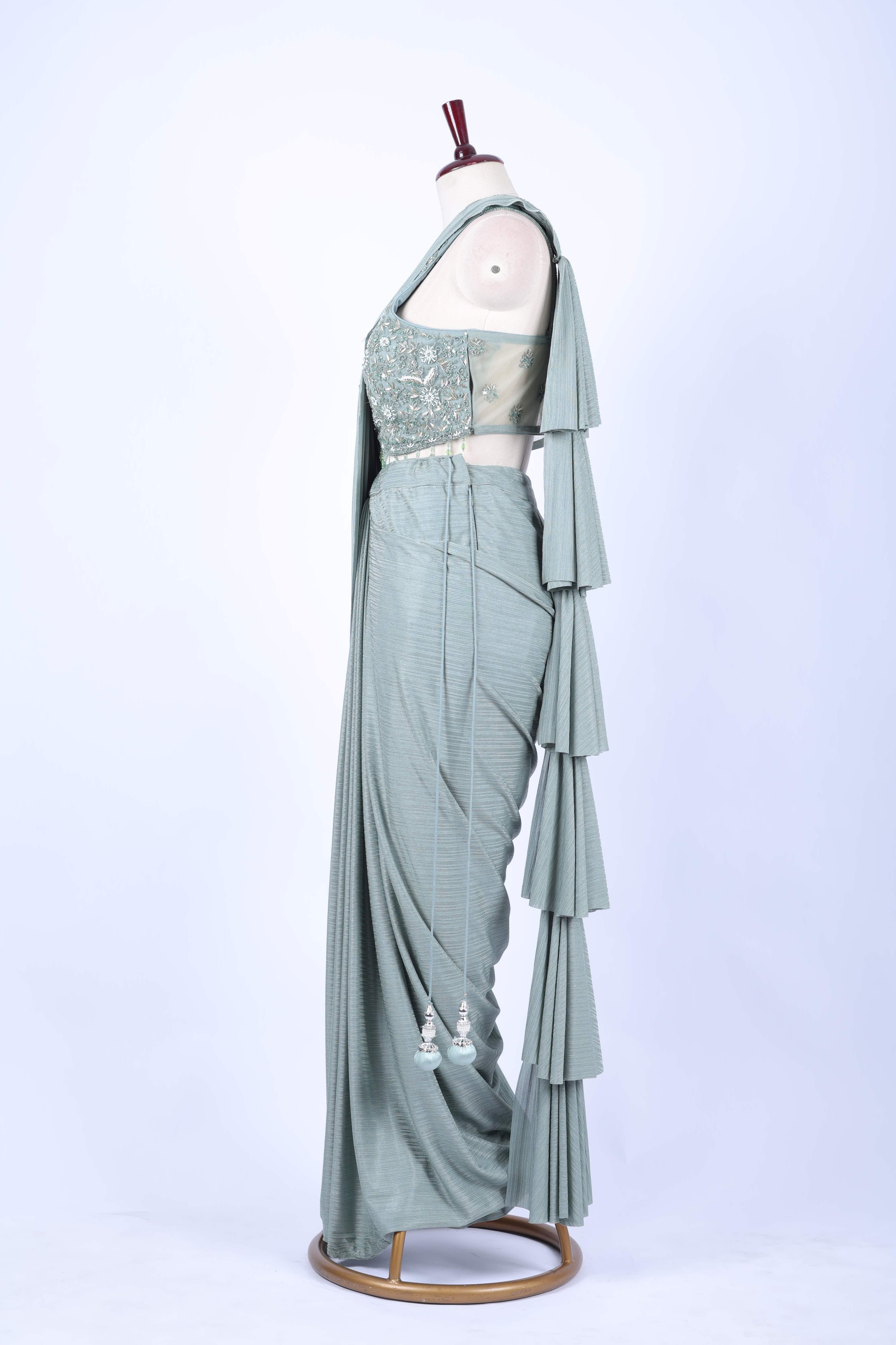 Sage green pre-draped saree set