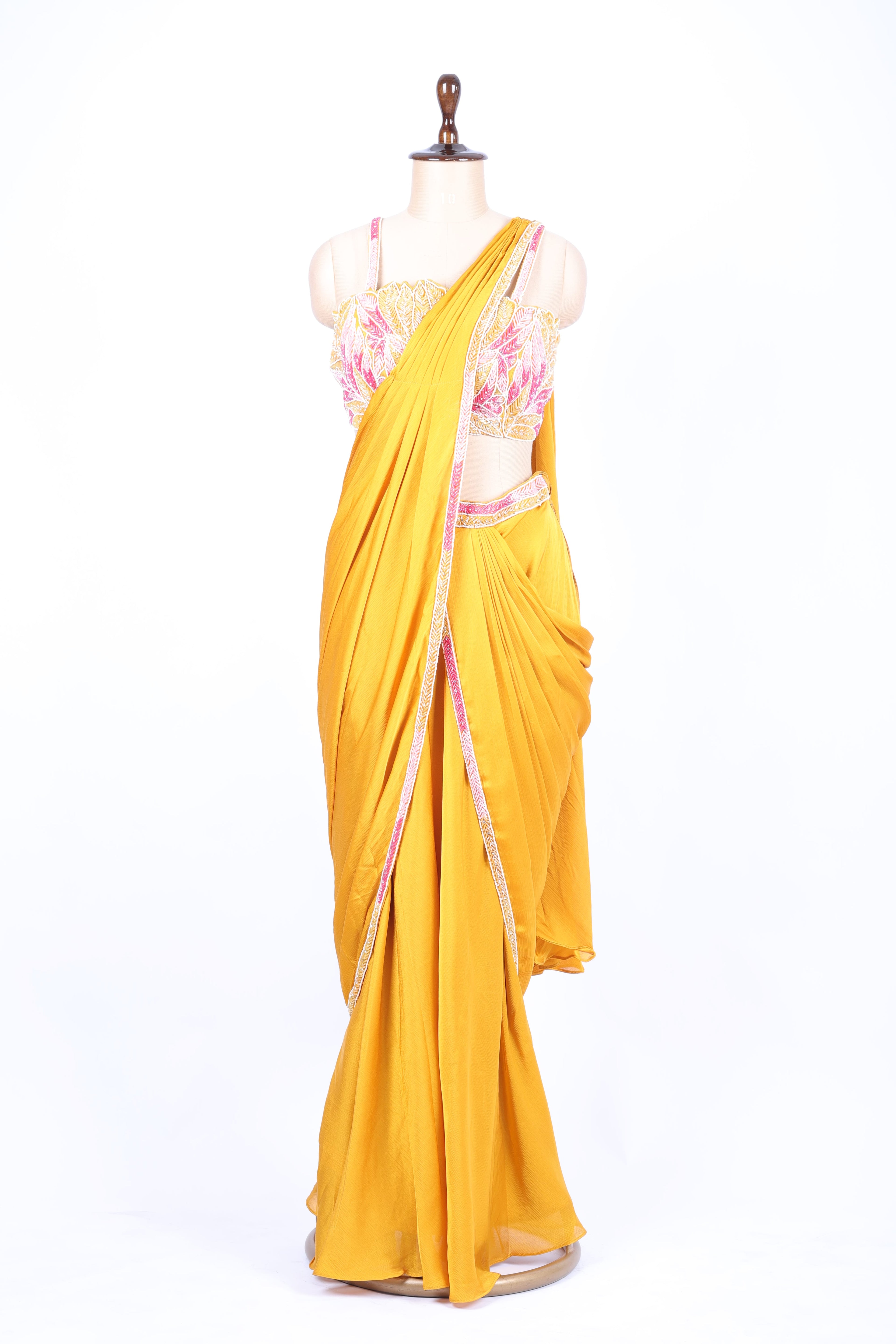 Mustard yellow pre-draped saree