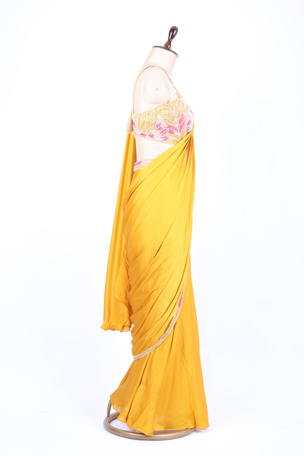 Mustard yellow pre-draped saree