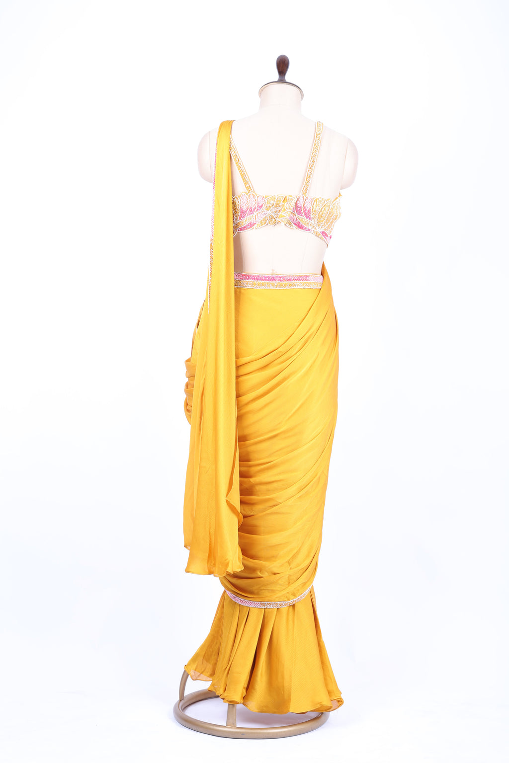 Mustard yellow pre-draped saree