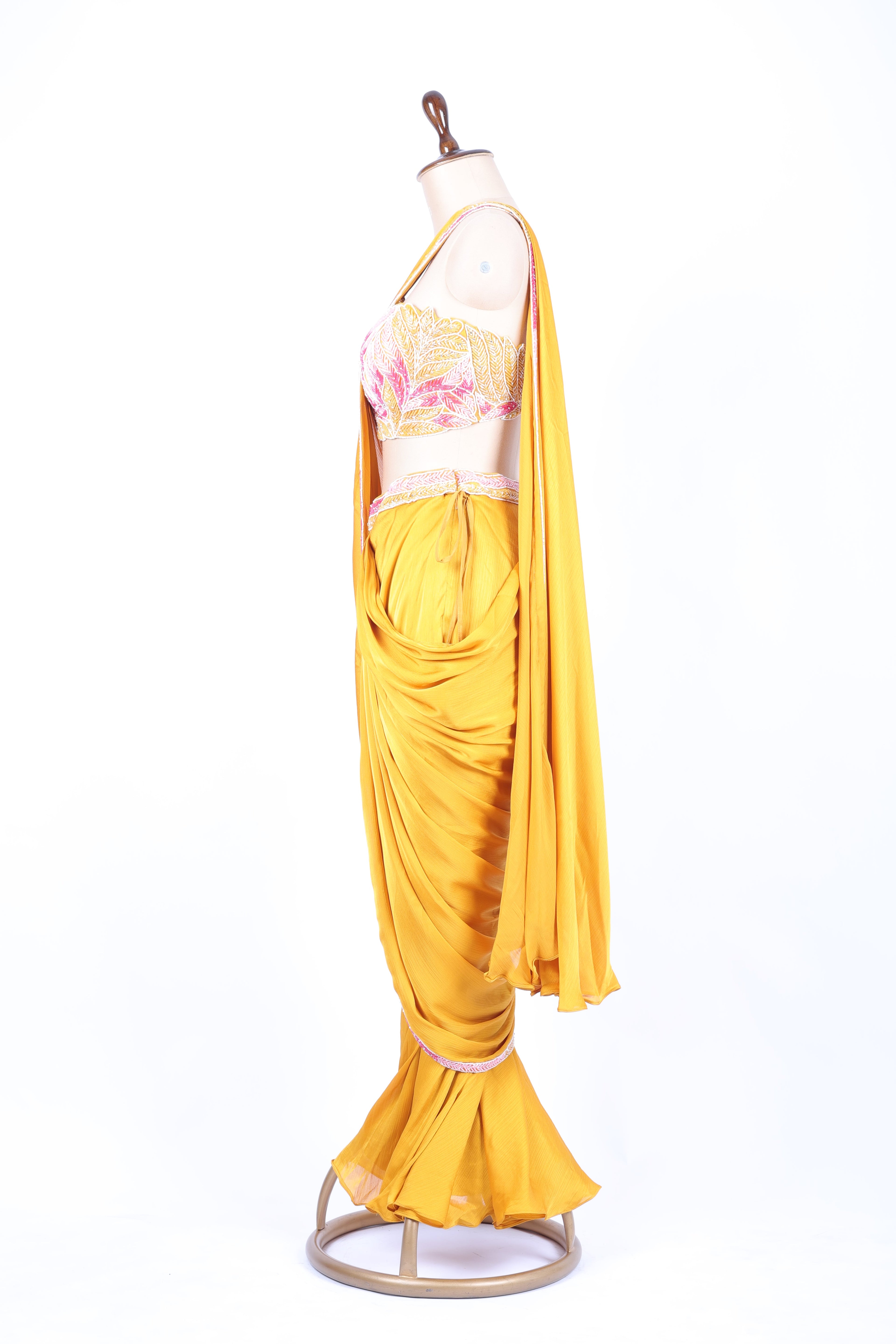 Mustard yellow pre-draped saree