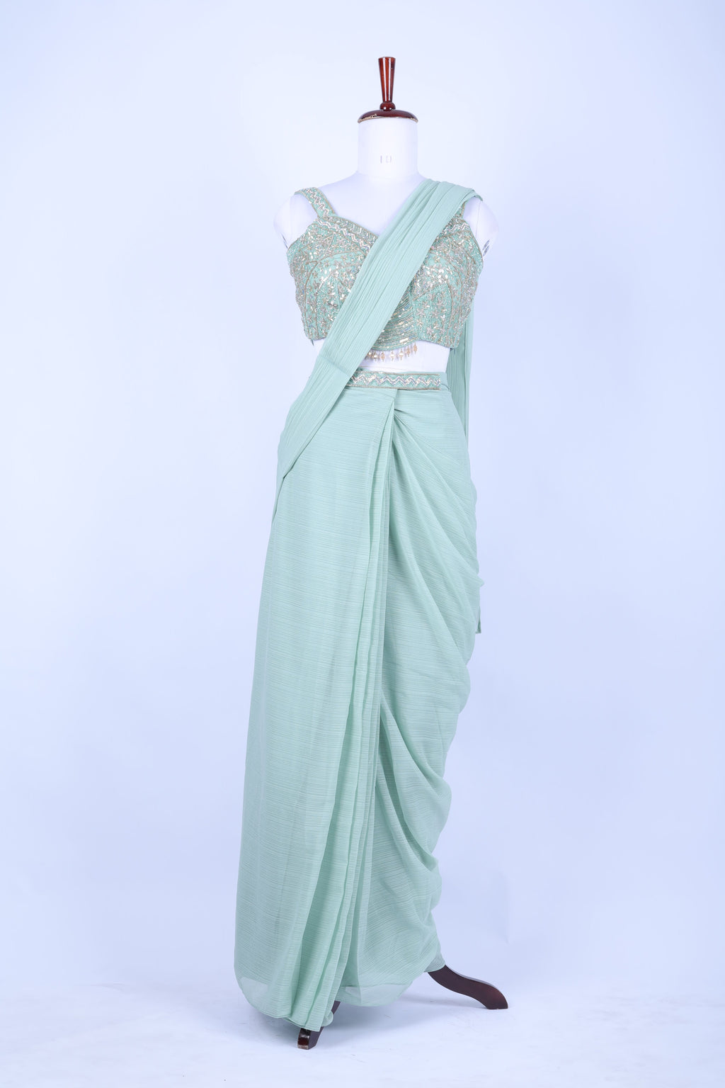 MInt green pre-draped saree set